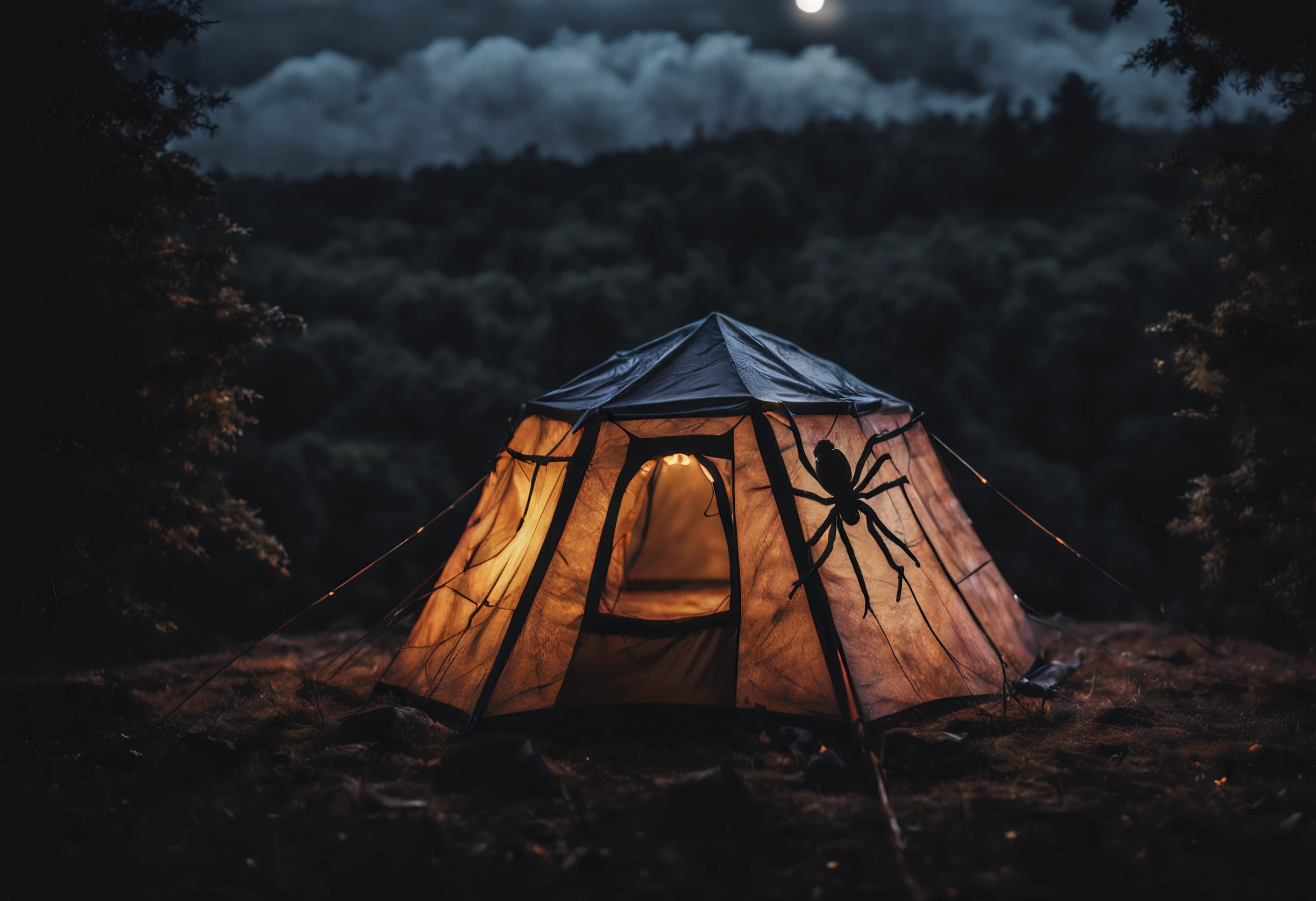 cinematic still photo of a tent that looks like a (spider) on top of a hill at night, (cobwebs), trees, fire, moon, rain, storm, stormy, clouds, spooky, spooky, (style of tim burton). isometric, 35mm photograph, film, bokeh, professional, 4k, highly detailed, high saturation