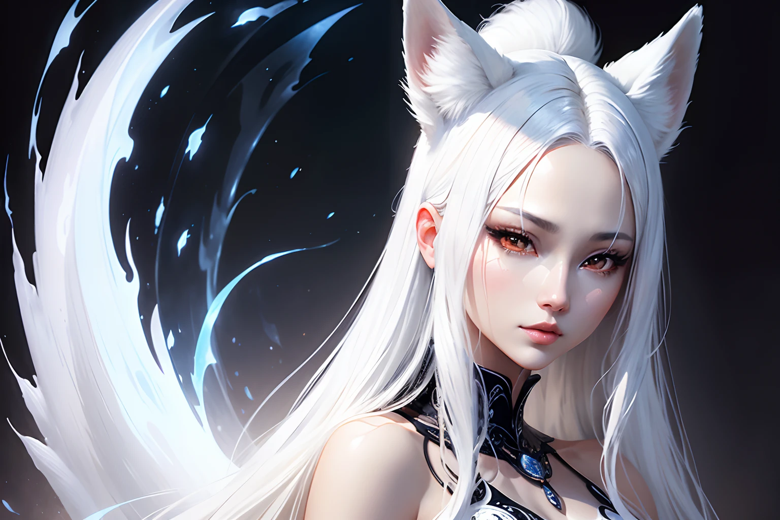 Full length oil painting of gorgeous woman as a translucent arctic fox spirit detailed face wearing white dress straight white hair mythical| elegant hyperrealism highly detailed intricate detailed volumetric lighting] Ukiyo-e by Anne Stokes and Noriyoshi Ohrai.
