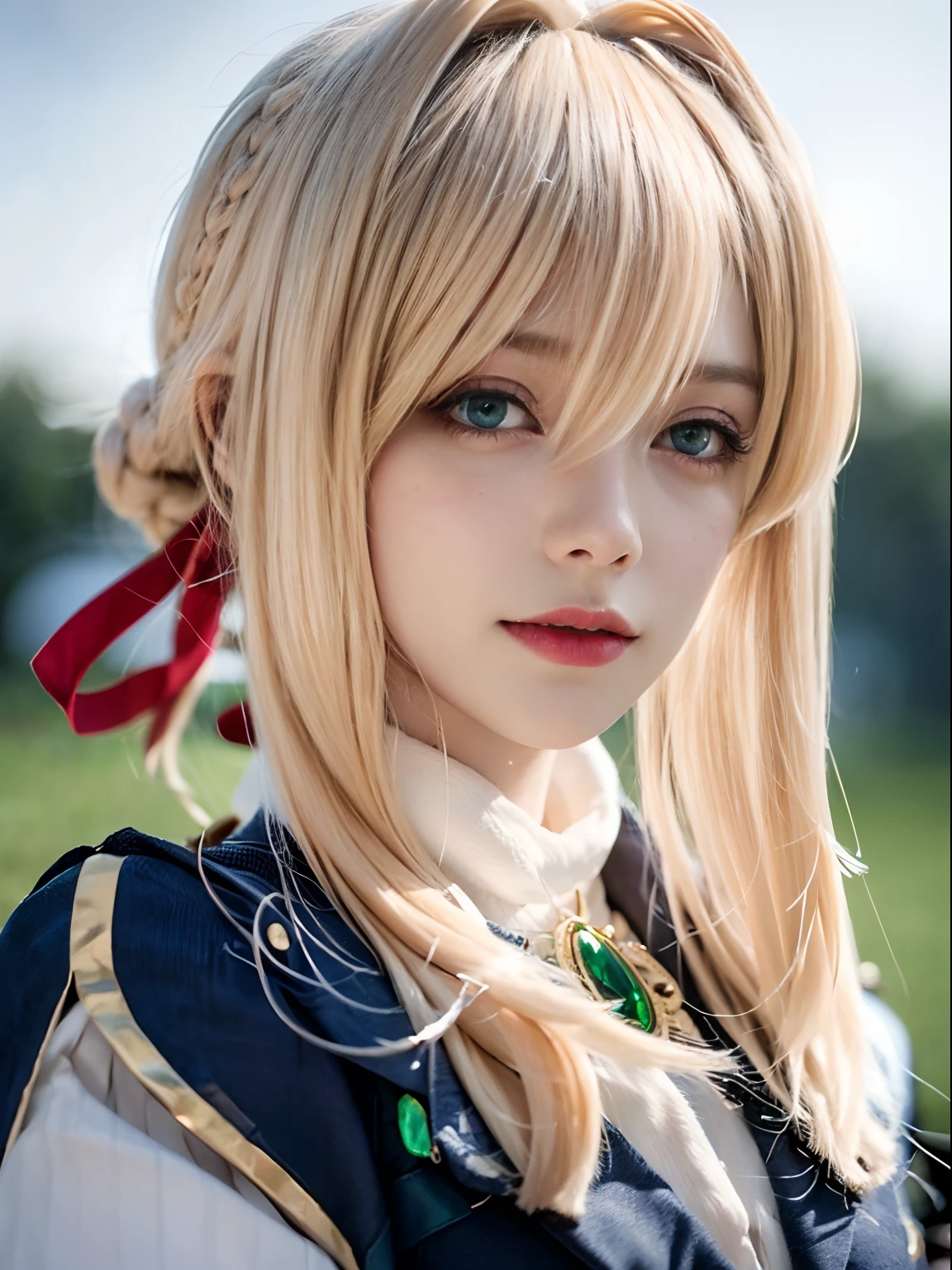 violet_evergarden, blue_eyes, best quality, ultra high res, (photorealistic1.4), 1girl, (blonde long hair:1.3), expressionless, long dress, hair braid, red ribbon, green gem neklace, ((puffy eyes)), ((upper body)), (((looking at viewer))), ((closeup)),