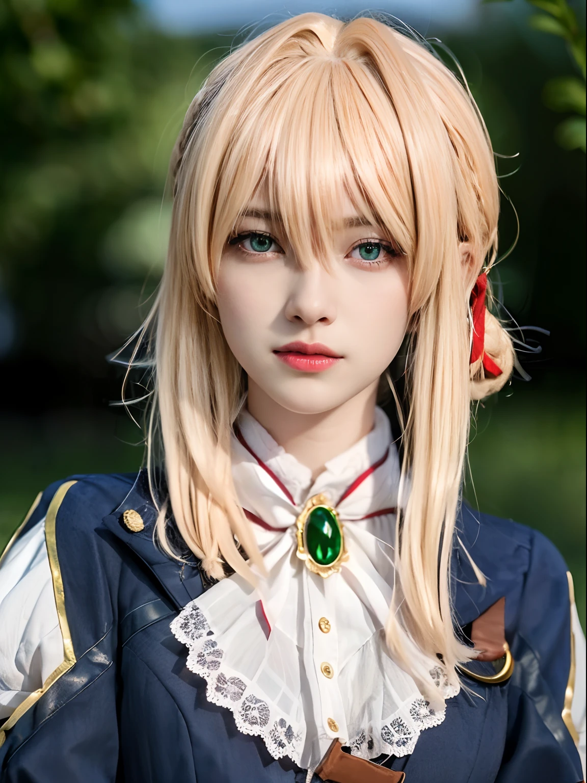 violet_evergarden, blue_eyes, best quality, ultra high res, (photorealistic1.4), 1girl, (blonde long hair:1.3), expressionless, long dress, hair braid, red ribbon, green gem neklace, ((puffy eyes)), ((upper body)), (((looking at viewer))), ((closeup)),