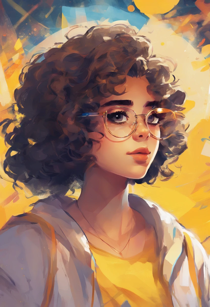 teen girl 19 year old, big eyes, really short curly hair, round glasses, white shirt, colorfull yellow background,