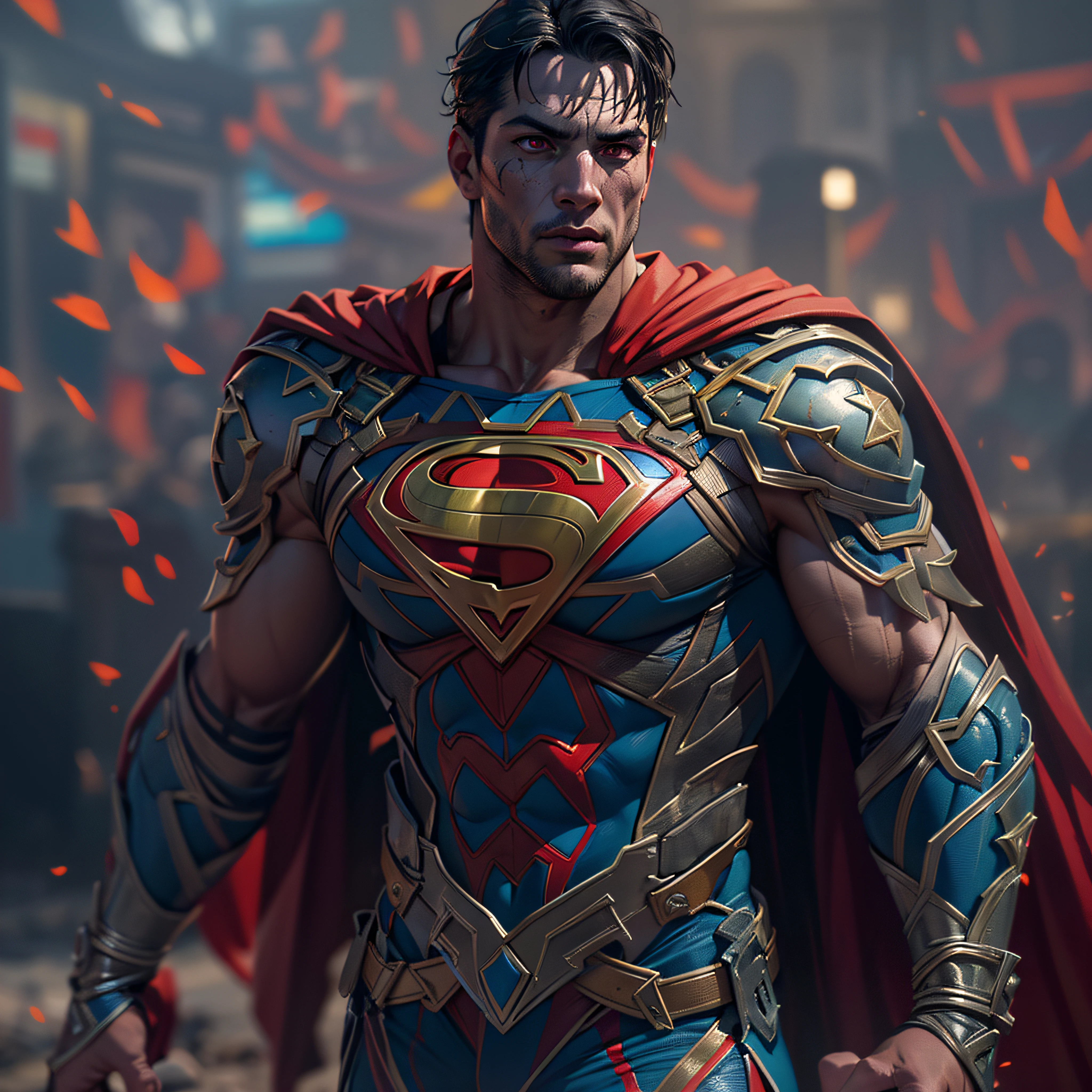 Gladiator fighter Superman with red eyes. tattered red cape. intricate, hypermaximalist, elegant, hyper realistic, epic high details,full details,high resolution,dynamic slightblue lighting,rendering,realism,Photo-realistic, ultra realistic, octane render, unreal engine, hyper detailed, volumetric lighting, 8k reality, cinematic