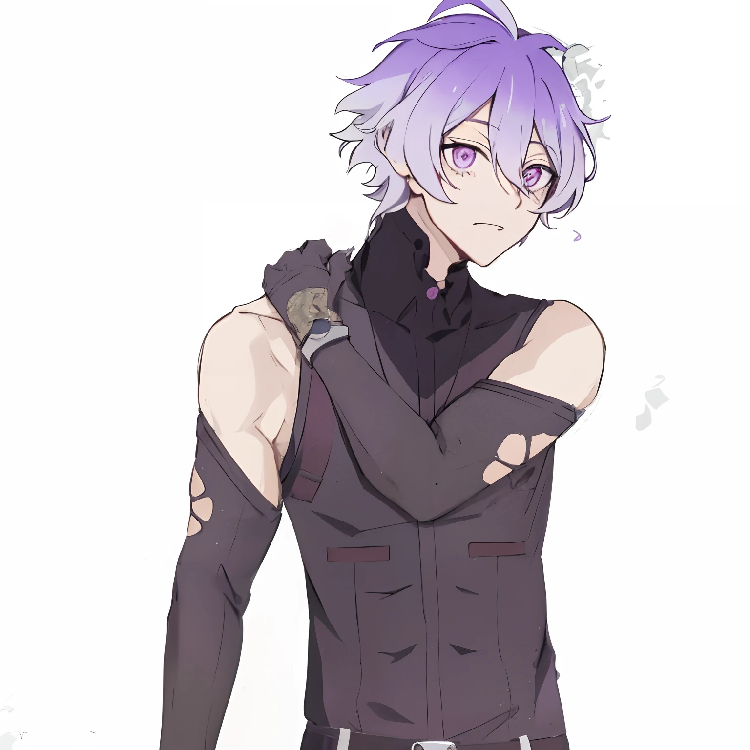 personagem de anime com cabelo roxo e camisa preta segurando uma arma, Hajime Yatatate, inspirado em Okumura Togyu, personagem de anime masculino, Nagito Komaeda, ele tem cabelos grisalhos escuros, cara de anime alto com olhos azuis, delicate androgynous prince, pose de anime bonito, Gatilho Estilo de Arte de Anime, um louco de cabelos prateados, Negar autoamata