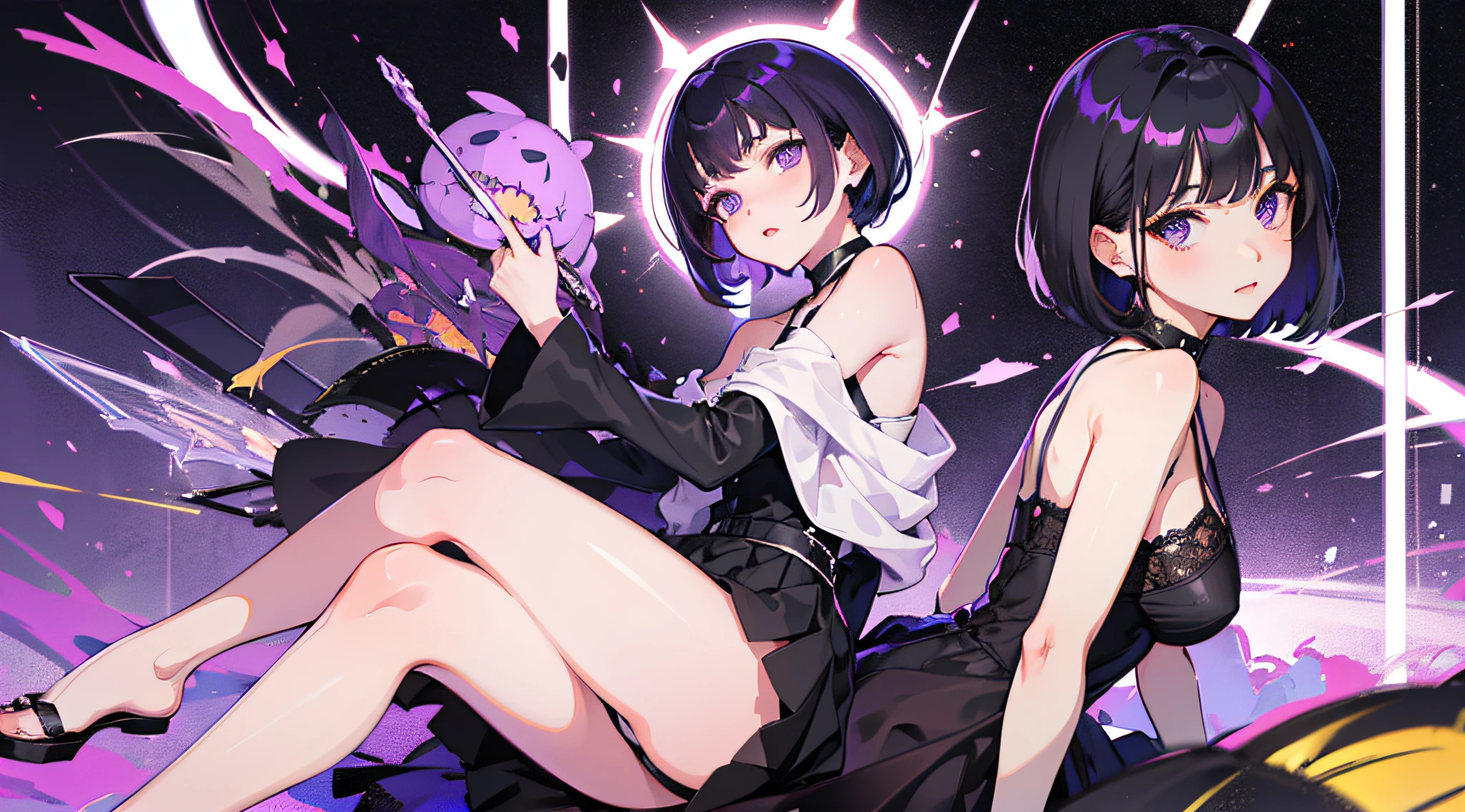 Purple eyes, Black Dress, Tall, Short Hair, Night Background,