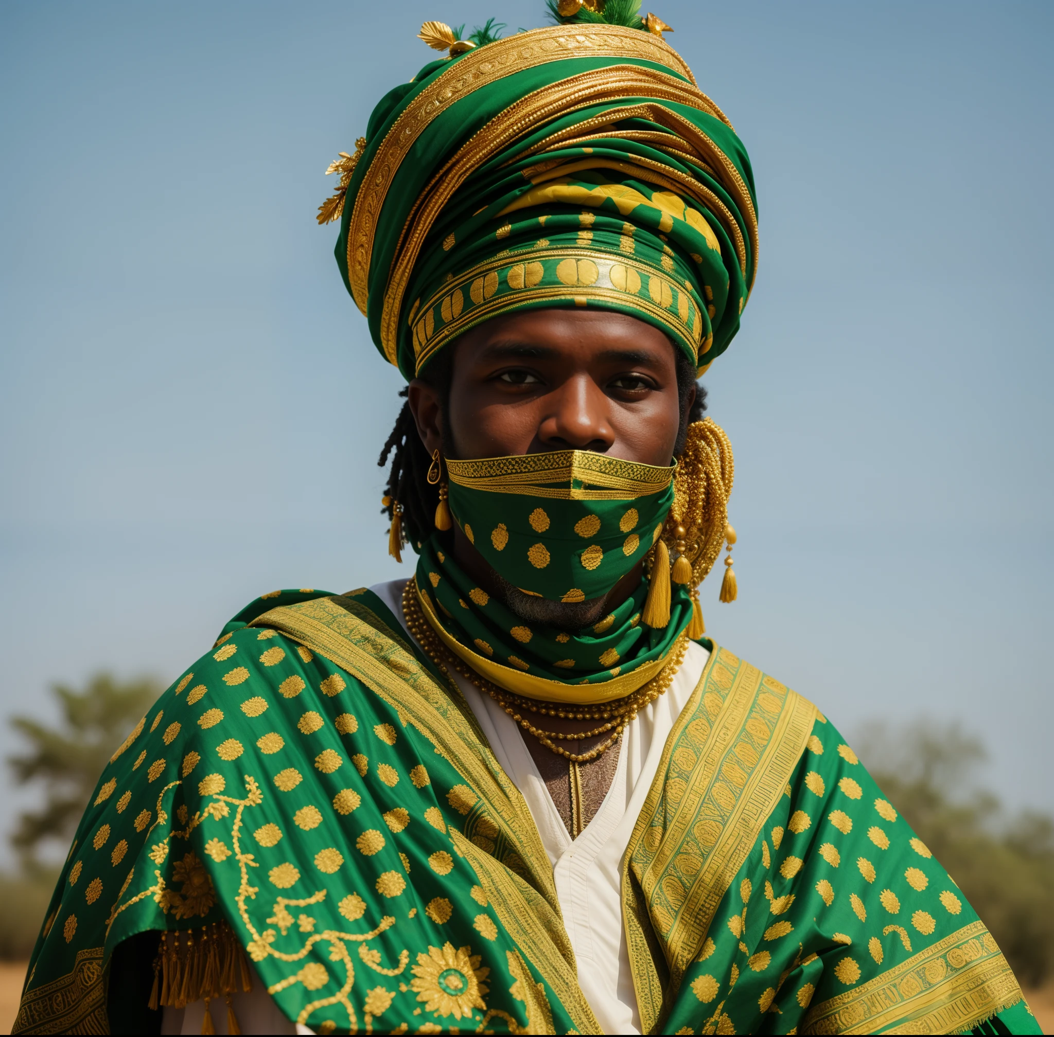 there is a black hausa man wearing a green and yellow headdress and a green scarf, mouth covered, wearing traditional garb, wearing elaborate green and gold, wearing authentic attire, african man, wearing a crown and green cape, ornate attire, traditional clothes, traditional clothing, wearing ornate clothing, ornate turban, in profile, indigenous man, tuareg, emir, elaborately costumed
