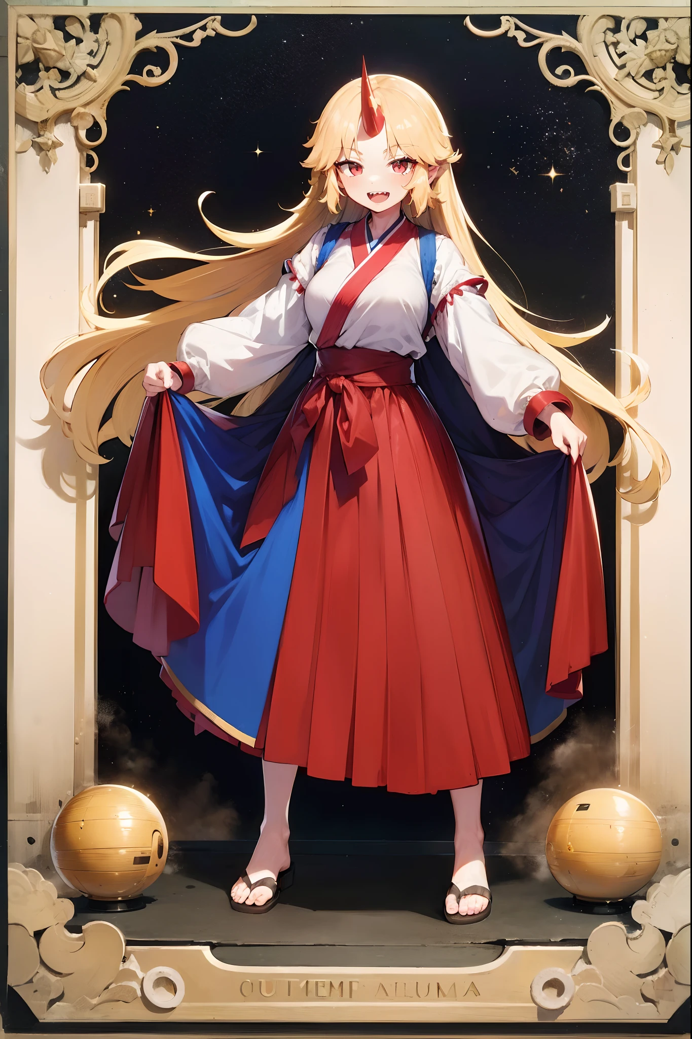 hoshiguma yuugi, european medieval cloths, crazy smile, medium breast, large skirt, long skirt, flipflops, full body, standing, medieval clothing,long skirt,(best quality,4k,8k,highres,masterpiece:1.2),ultra-detailed,(,1.37),portraits,vivid colors,warm tones,soft lighting, sharpteeth open mouth ,smile