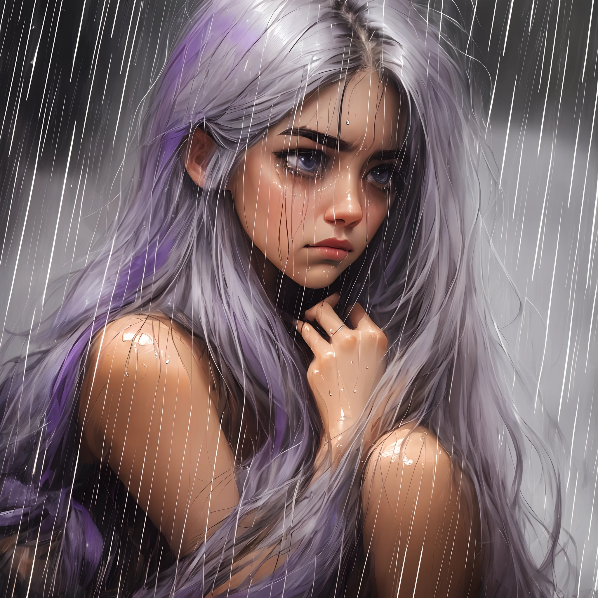 Oil Painting. Emotional and Semi-Realistic Style.
“Depict a forlorn female, her long hair fading from purple to silver, sitting alone, arms wrapped around herself in a self-embrace. Rain gently falls around her, mirroring her tears, as she stares into the distance with a gaze filled with sadness and longing. The background should be minimalist, perhaps with blurred or abstract elements, placing the focus on her melancholic expression and the intricate details of her wet, clinging gown, conveying a powerful sense of solitude and heartache.” --auto --s2