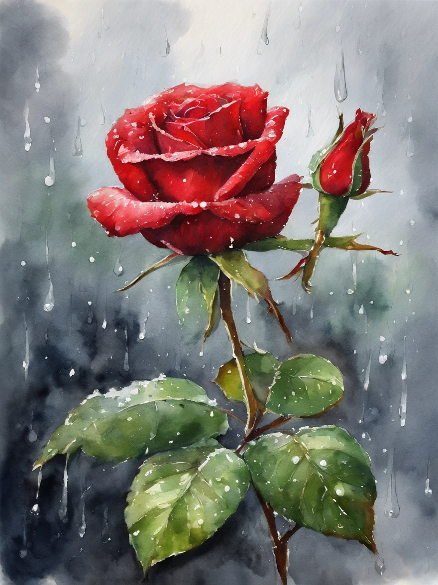red rose under the rain, painting, transparent background, excellent quality