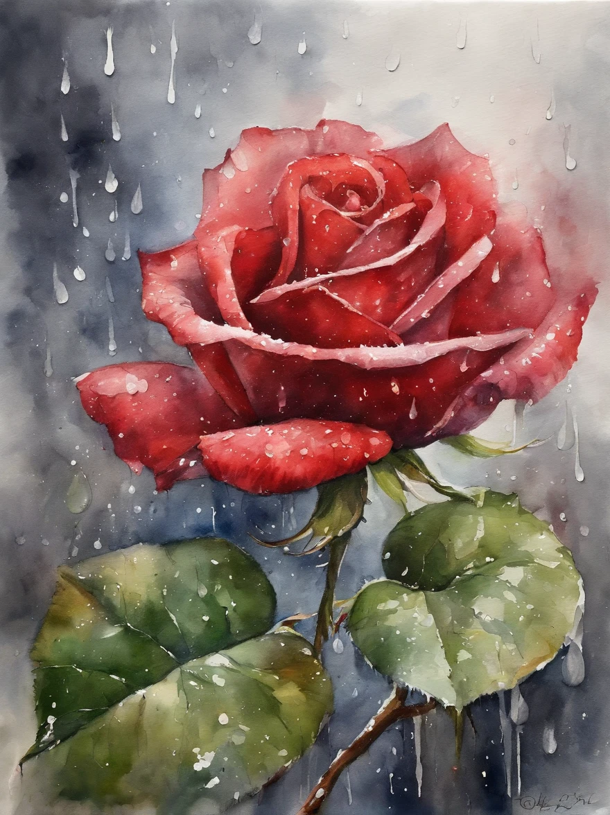 red rose under the rain, painting, transparent background, excellent quality