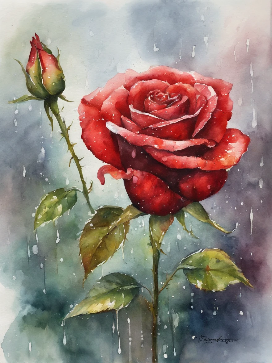 red rose under the rain, painting, transparent background, excellent quality