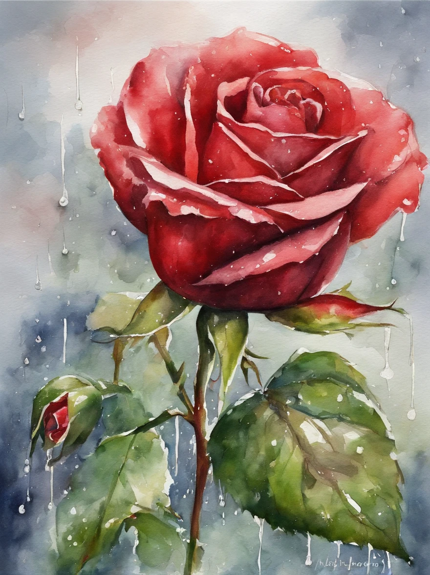 red rose under the rain, painting, transparent background, excellent quality