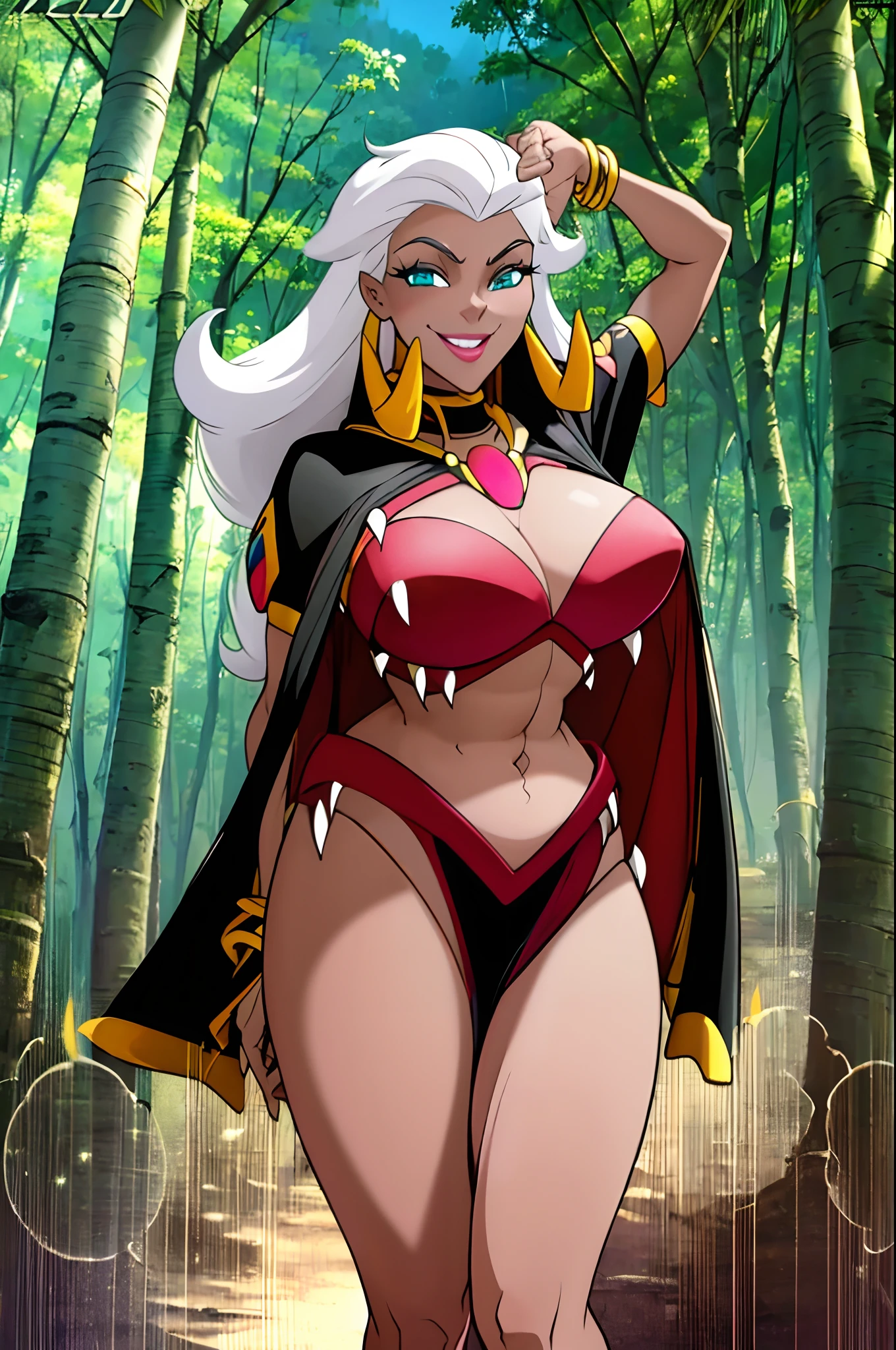 ((masterpiece,best quality)), absurdres, Queen_La_Tarzan, cape, dark skin, long white hair, black crop top, smug, smiling, solo, smiling, looking at viewer, cowboy shot, jungle in background, cinematic composition, dynamic pose,standing, full body, feet,big breast, curvy,(best quality,4k,8k,highres,masterpiece:1.2),ultra-detailed,(,1.37),portraits,vivid colors,warm tones,soft lighting