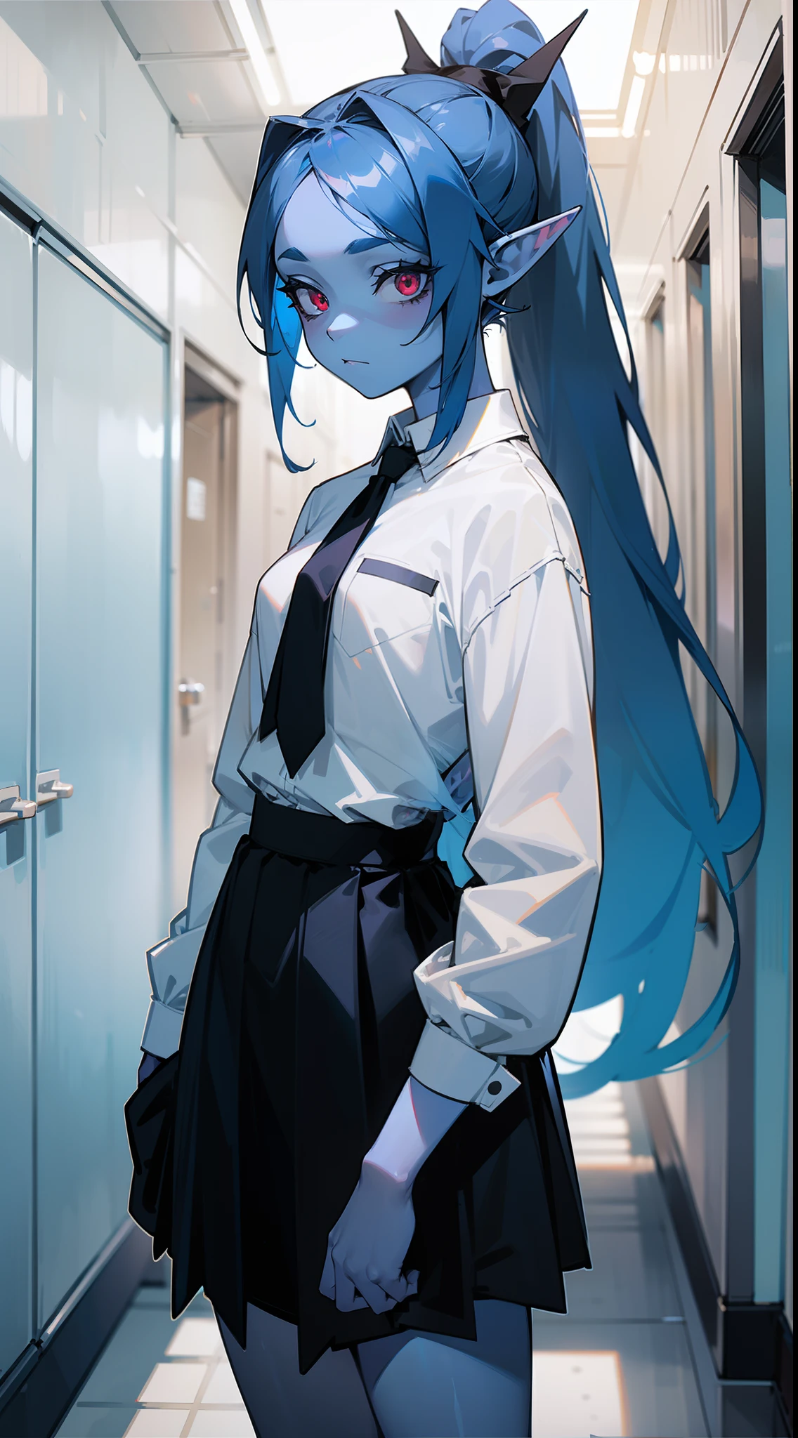 1girl,((blue skin)),solo,expression of sarcasm,white shirt,black skirt,black tie,blue hair,long ponytail hair,elves ears,red eyes,standing in a school hallway,cowboy shot