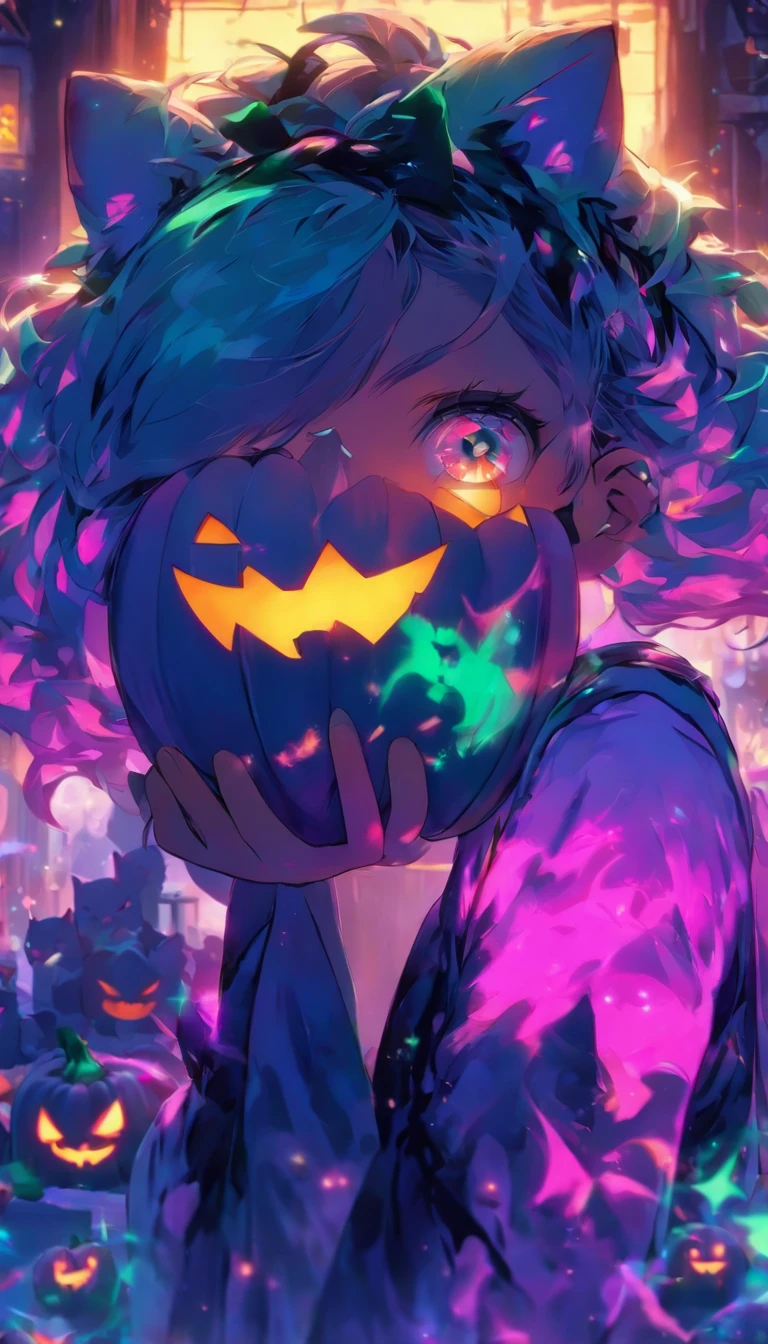 a girl holding a pumpkin in front of her face, glowing eyes, purple hair, green pumpkin, iridicent colors turqoise and purple glowing colors anime art wallpaper 8 k, anime art wallpaper 4 k, anime art wallpaper 4k, anime style 4 k, 4k anime wallpaper, anime wallpaper 4 k, anime wallpaper 4k, 4 k manga wallpaper, cute anime catgirl, beautiful anime catgirl, anime girl with cat ears