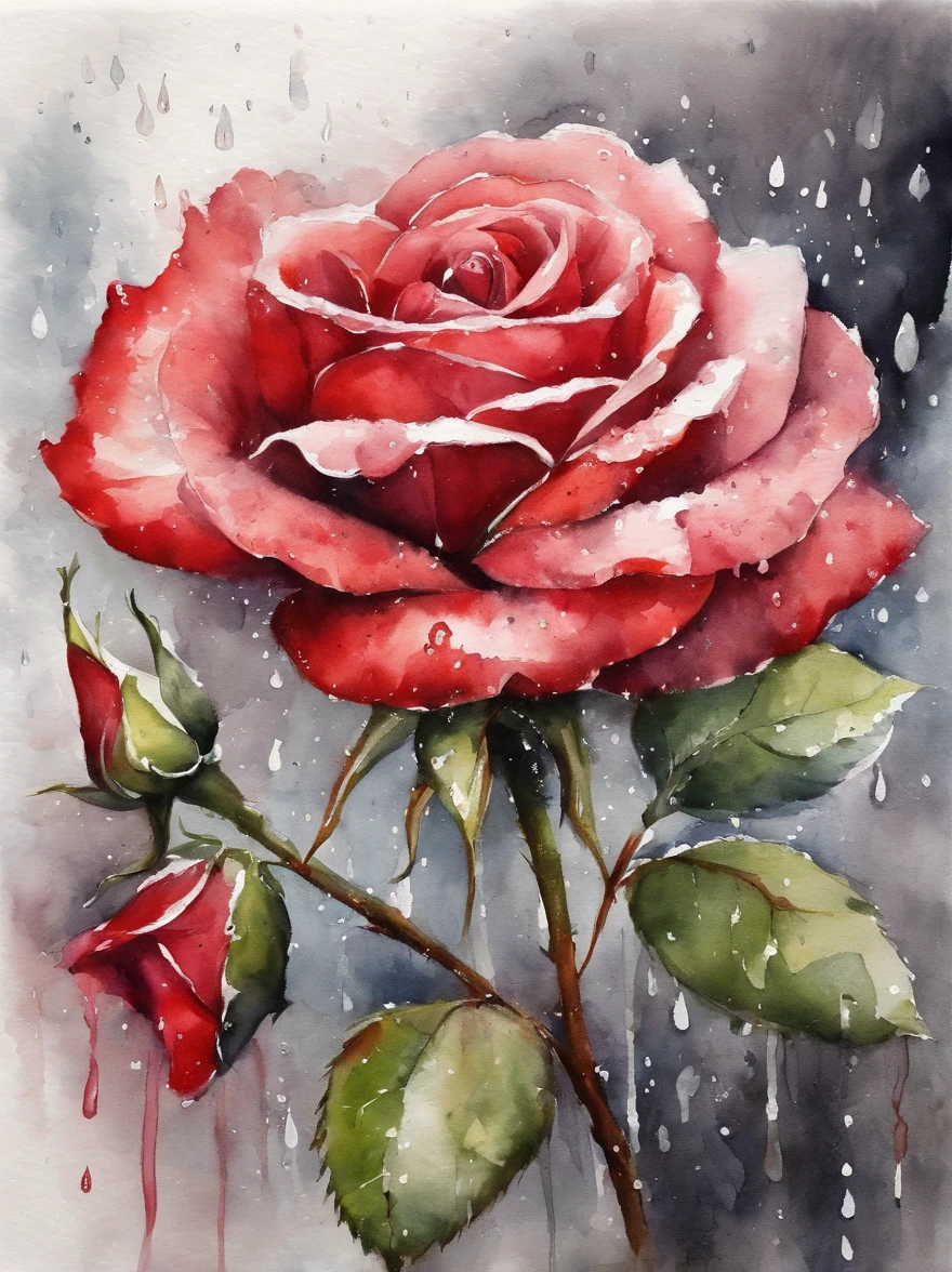 red rose under the rain, painting, white background, excellent quality