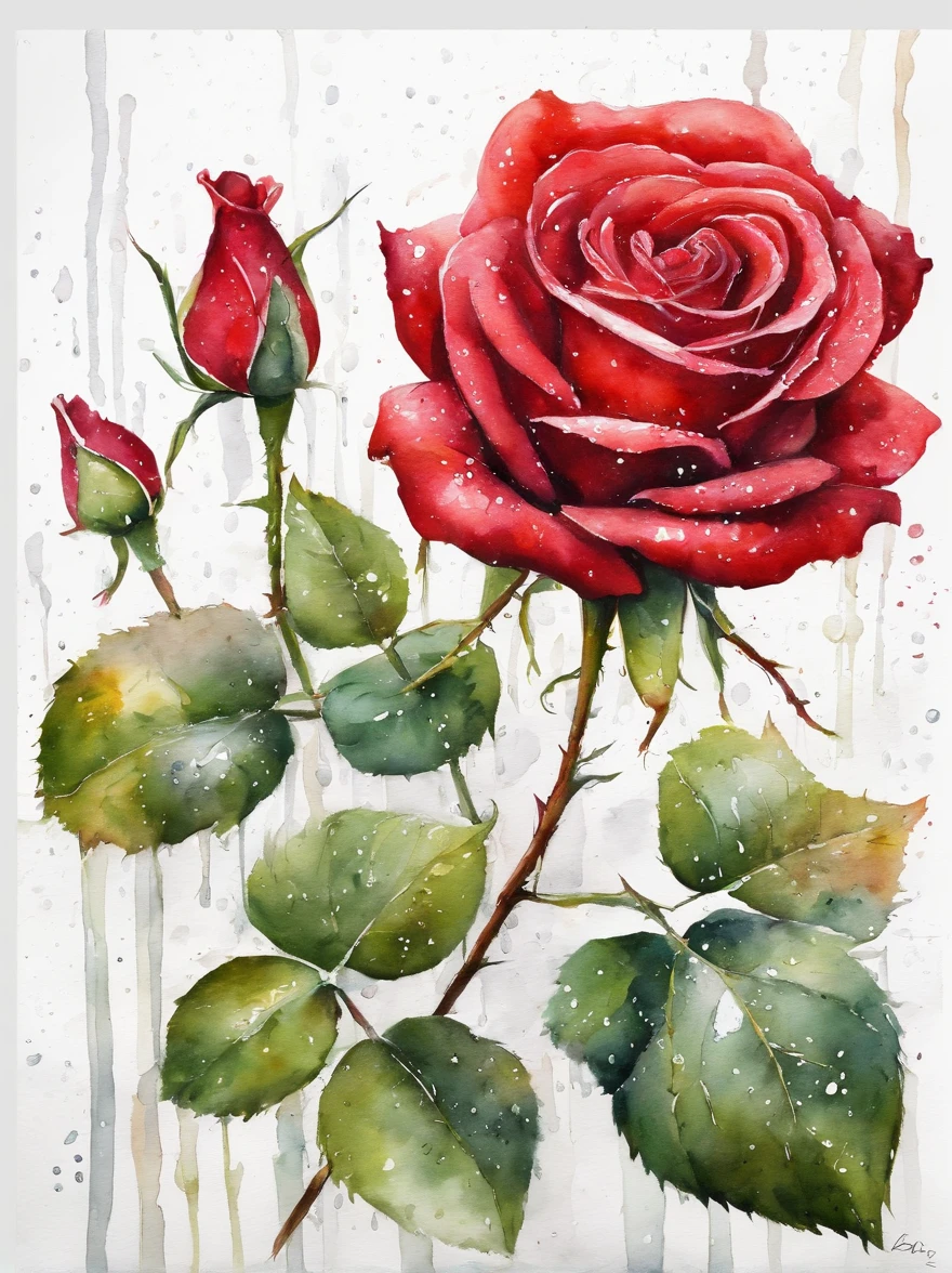 red rose under the rain, painting, white background, excellent quality