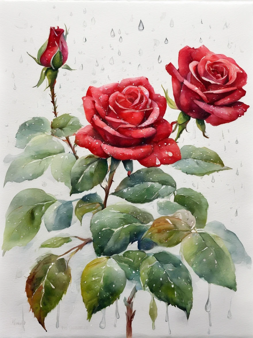 red rose under the rain, painting, white background, excellent quality