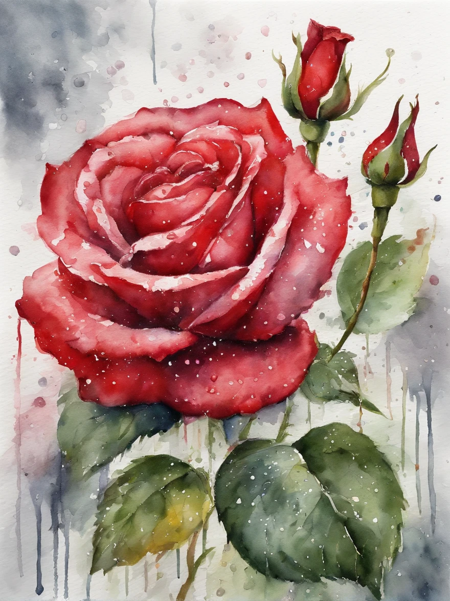 red rose under the rain, painting, white background, excellent quality