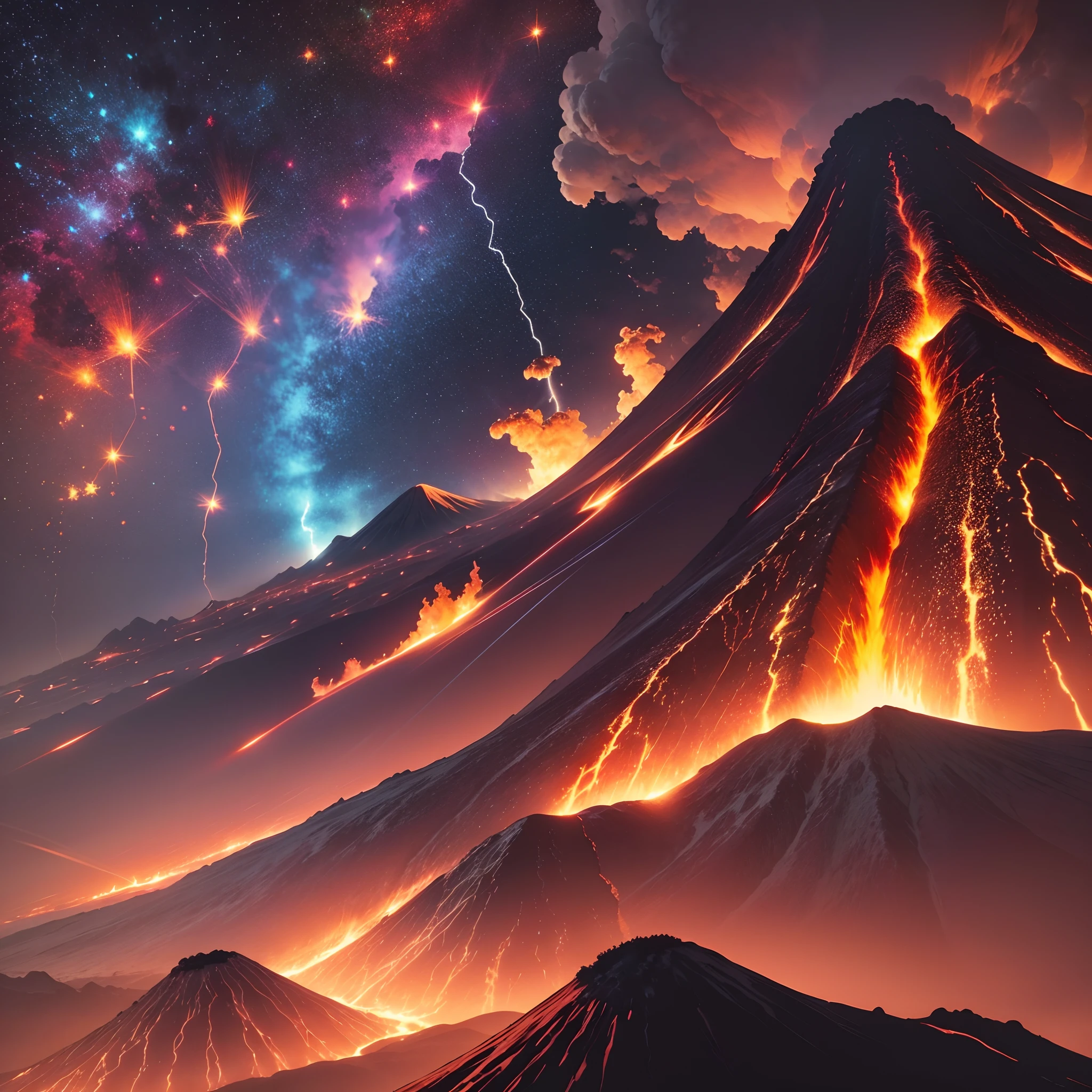 A volcano erupted with lava thrown everywhere with blue and red lighting striking it in altra realistic high contrast with glitter in the thunder bolts --auto --s2