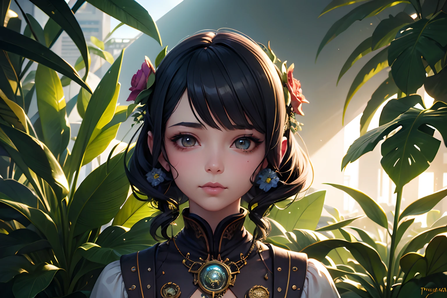 Very detailed female, Cidade Steampunk tomada por plantas ao fundo, d & d, fantasia, com flores azuis, beautiful face, hiperrealismo delicado complexo detalhado, sofisticado, cores vibrantes, Volumetric lighting, arte do surrealismo pop por Mark Ryden e Anna Dittmann