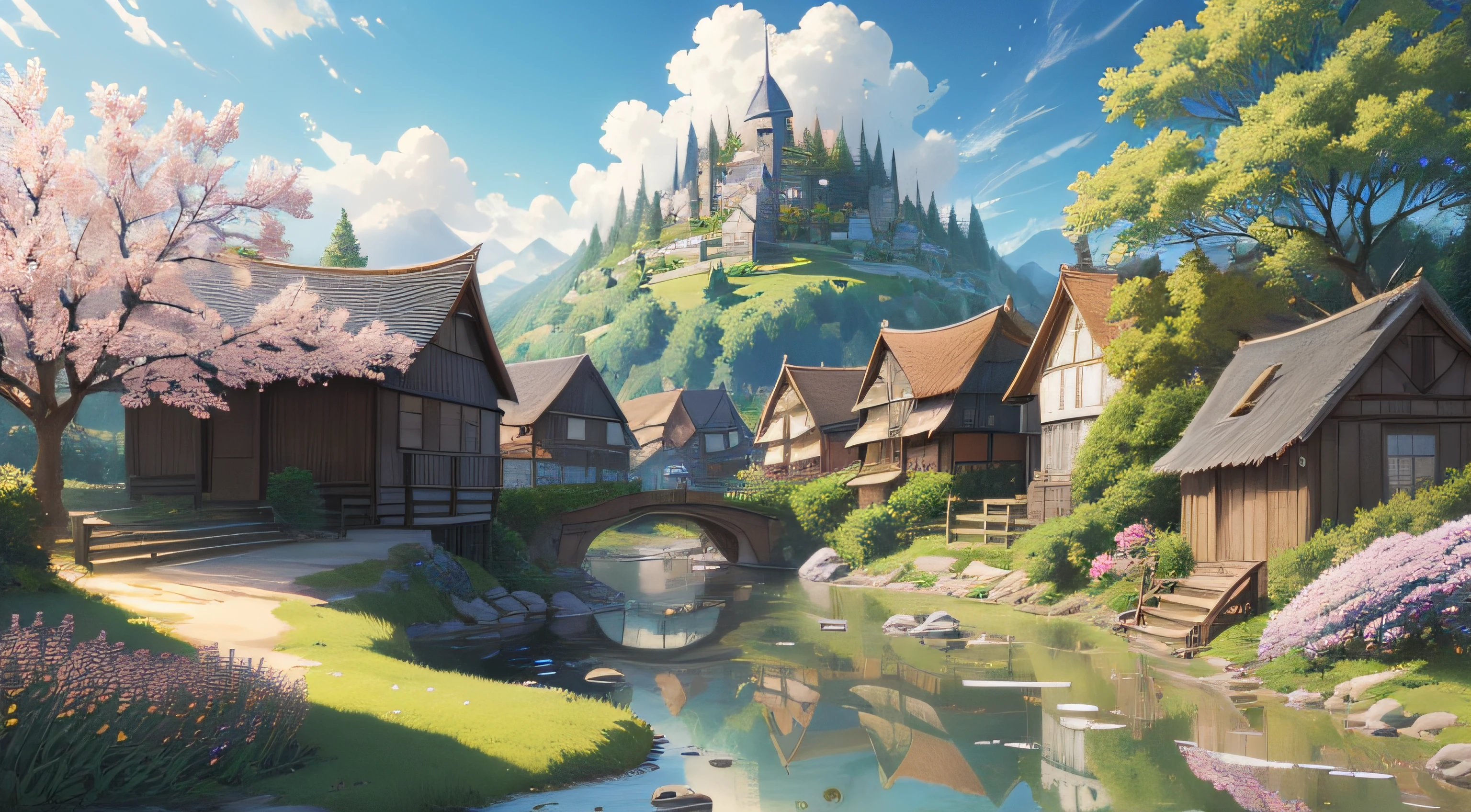 Masterpiece, best quality, (very detailed CG unity 8k wallpaper) (best quality), (best illustration), anime, village, flowers, blue sky, --v6