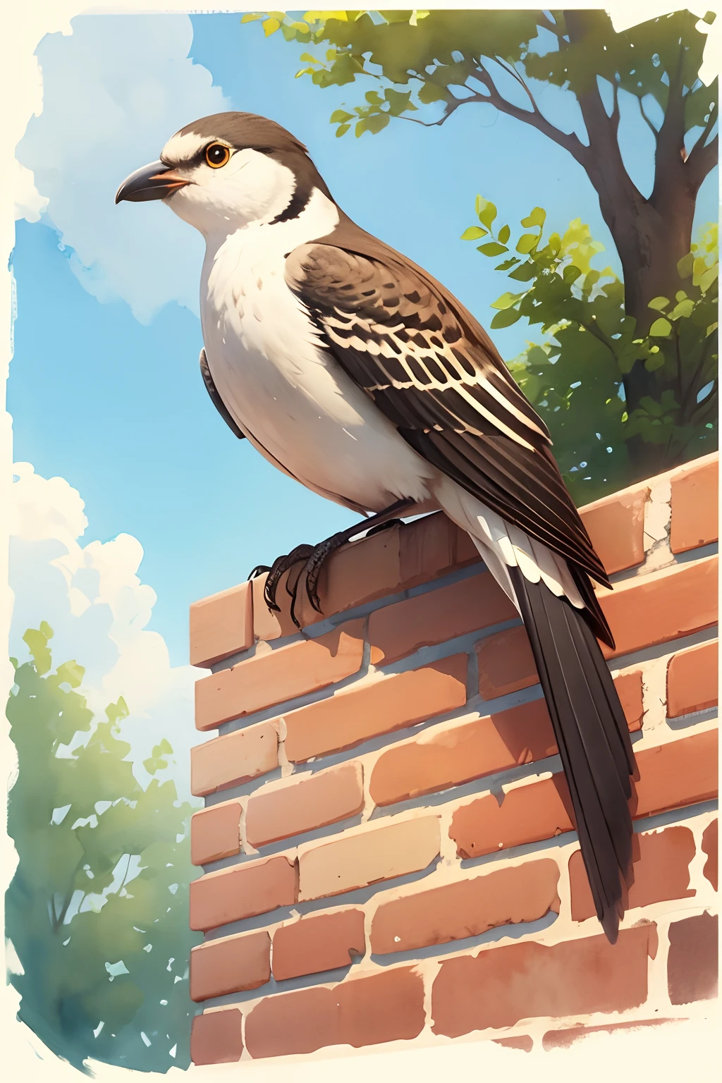 a bird on top of a brick wall with tree background, watercolor