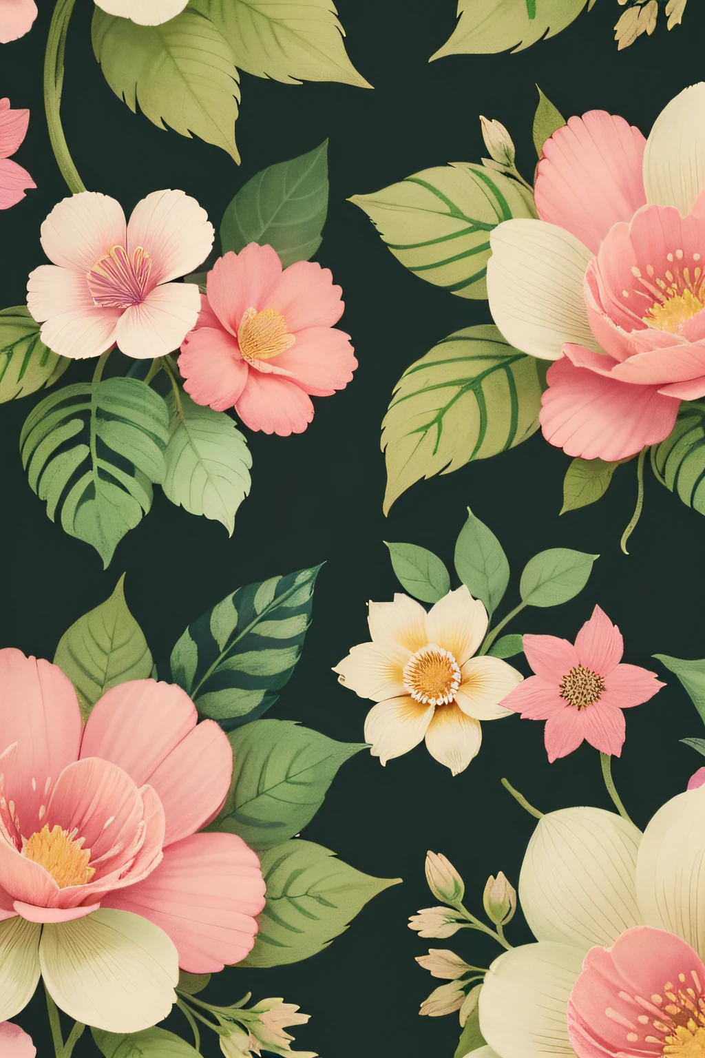 a watercolor floral pattern with pink flowers and green leaves, dark flower pattern wallpaper, floral pattern, seamless pattern design, papel de parede florido, neon floral pattern, flores florais coloridas, garden flowers pattern, motivos florais, papel de parede floral, Floral ornamentado, floral patterned skin, floral painted backdrop, Wholesome, repeating pattern, flores e flores, floral renewal, floral explosion