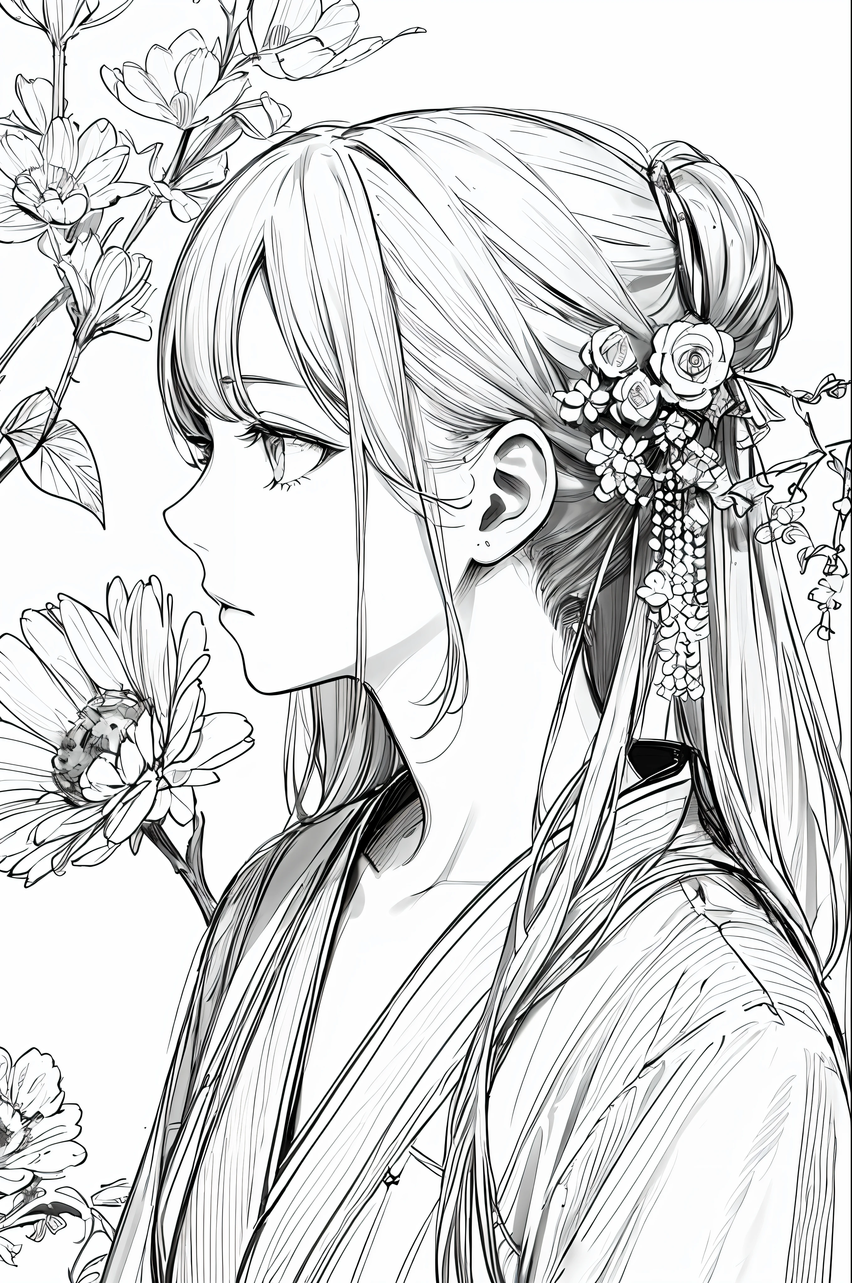 masterpiece, acura, 1girl, solo, hanfu, long hair, profile close-up, flower line drawing background, white background, monochrome, line drawing, ((sketch))