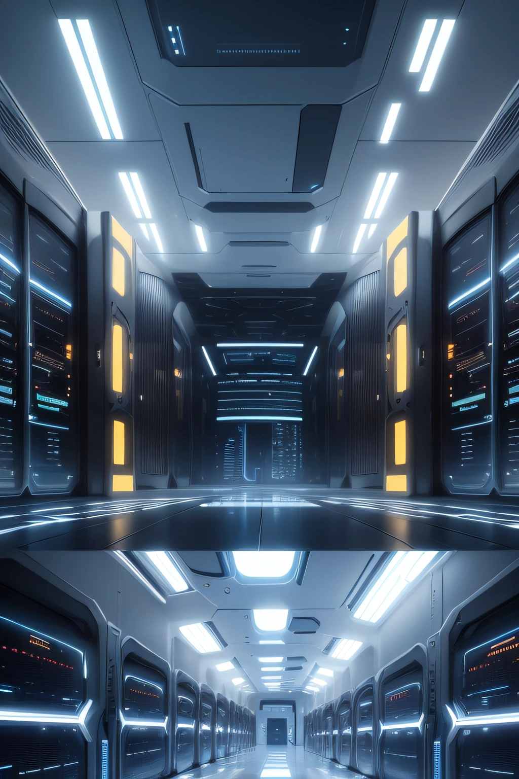Create an illustration of a futuristic data center, with an innovative architecture and advanced technological elements, such as artificial intelligence and cloud computing