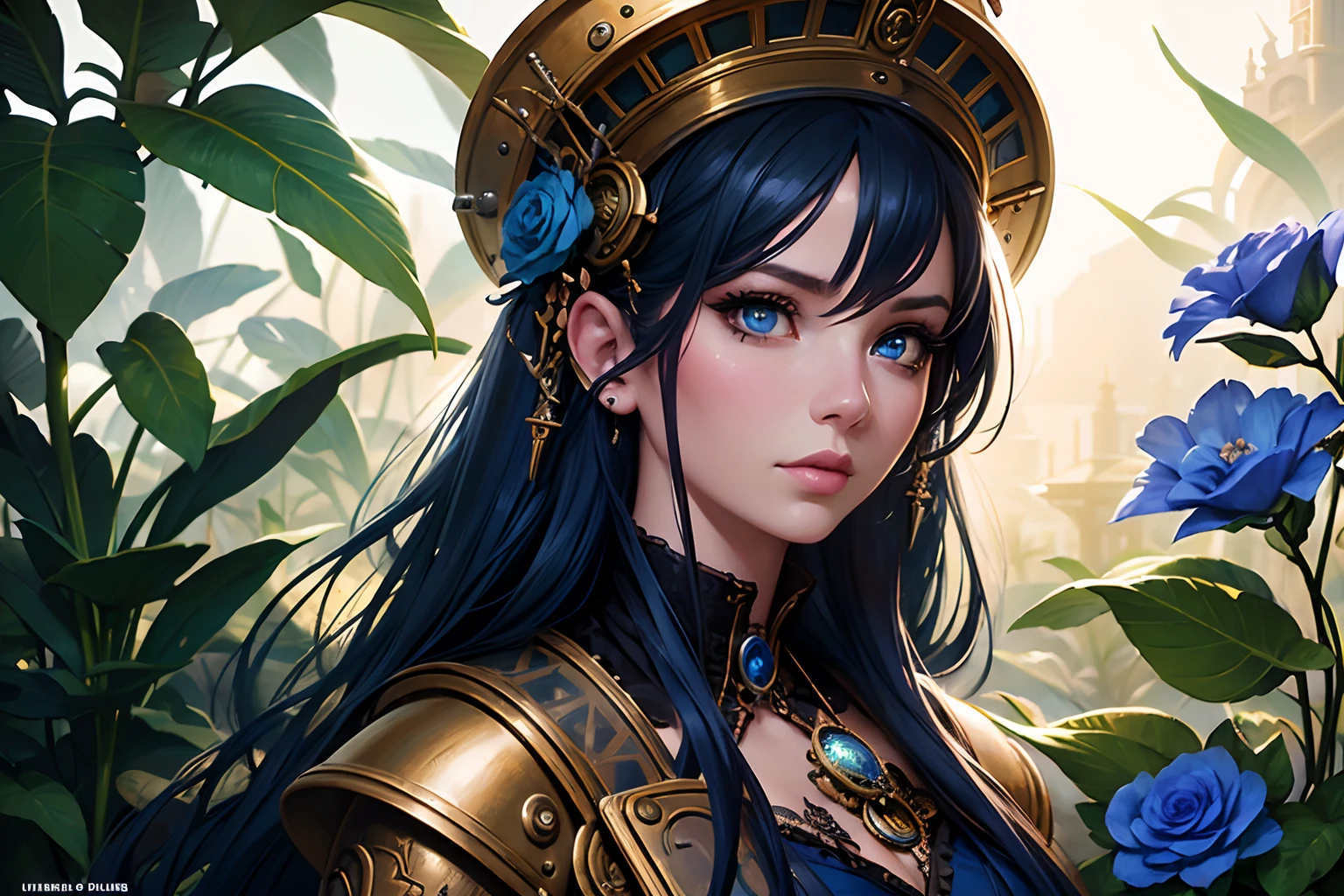 Very detailed female, steampunk city taken over by plants in the background, d & d, fantasy, with blue flowers, beautiful face, hyperrealism delicate detailed complex, sophisticated, vibrant colors, volumetric lighting, pop surrealism art by Mark Ryden and Anna Dittmann