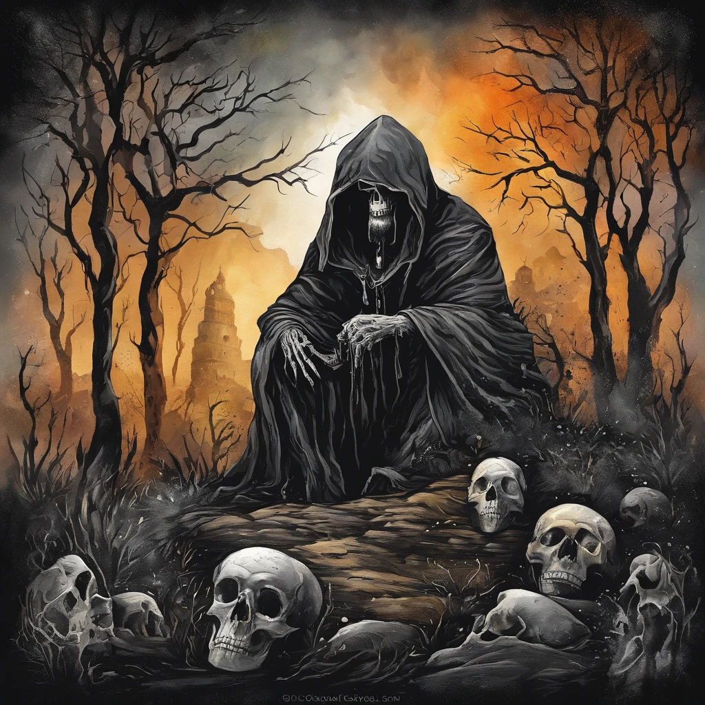 design de camisetas, fundo preto, arte centrada, 2D, vetor, salpicos de cores vivas, detalhes intrincados, Necromancer-skull character in black oil coat with wet glitter-looking hood, noite de lua cheia, Meia-noite, graveyard, tombs, Dry trees, luz de aro, Vinheta de borda, Greg Rutkowsk