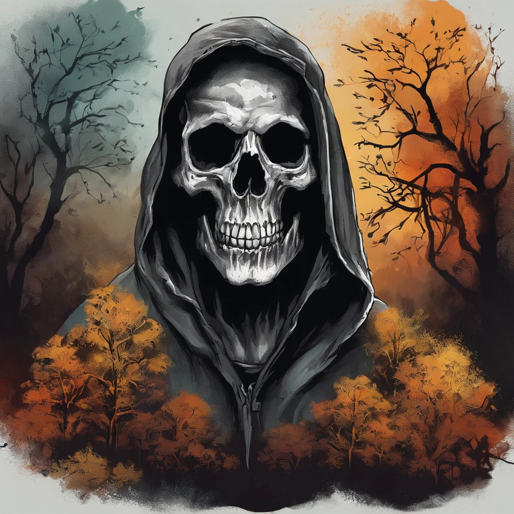 design de camisetas, fundo preto, arte centrada, 2D, vetor, salpicos de cores vivas, detalhes intrincados, Necromancer-skull character in black oil coat with wet glitter-looking hood, noite de lua cheia, Meia-noite, graveyard, tombs, Dry trees, luz de aro, Vinheta de borda, Greg Rutkowsk
