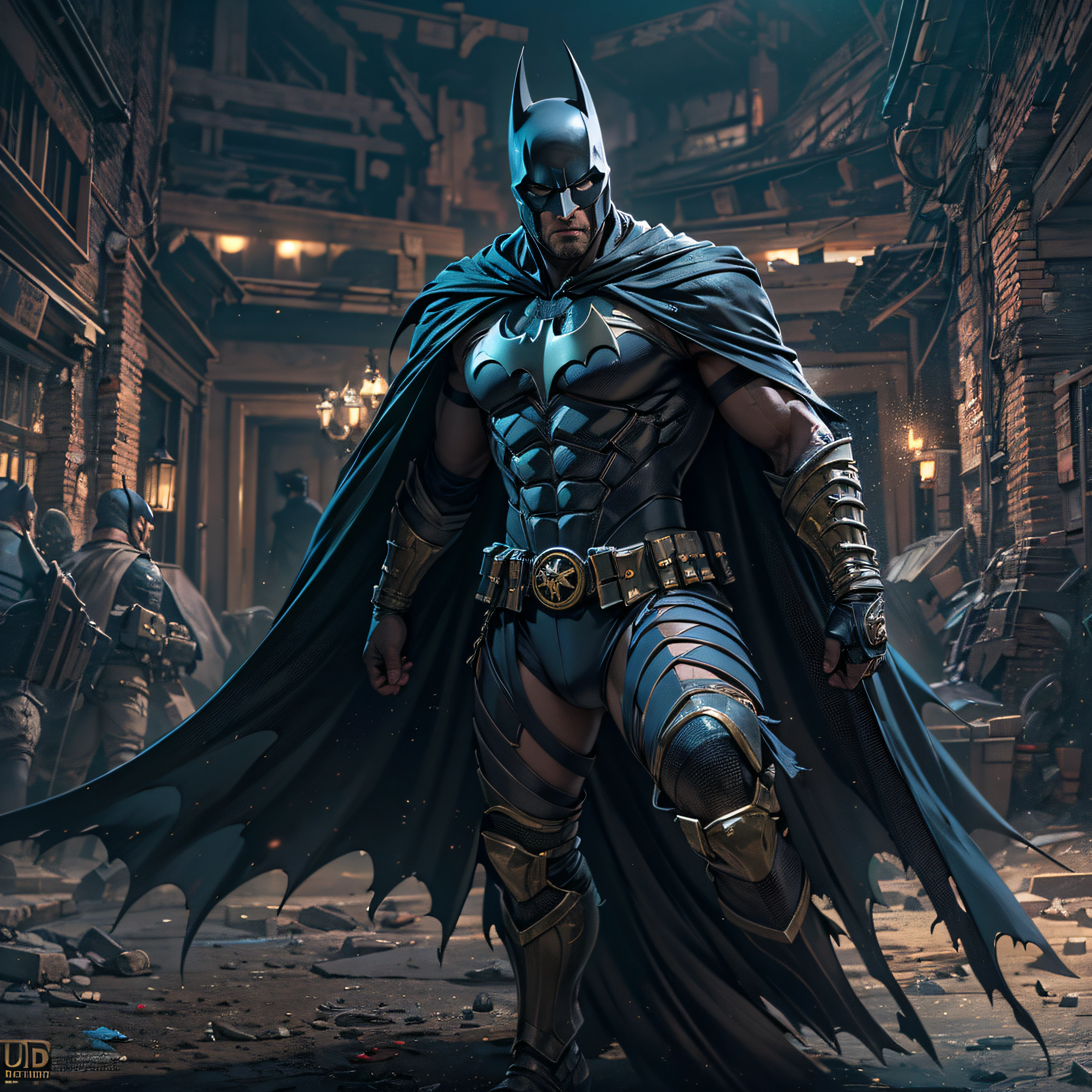 Gladiator fighter Batman. tattered black cape. intricate, hypermaximalist, elegant, hyper realistic, epic high details,full details,high resolution,dynamic slightblue lighting,rendering,realism,Photo-realistic, ultra realistic, octane render, unreal engine, hyper detailed, volumetric lighting, 8k reality, cinematic