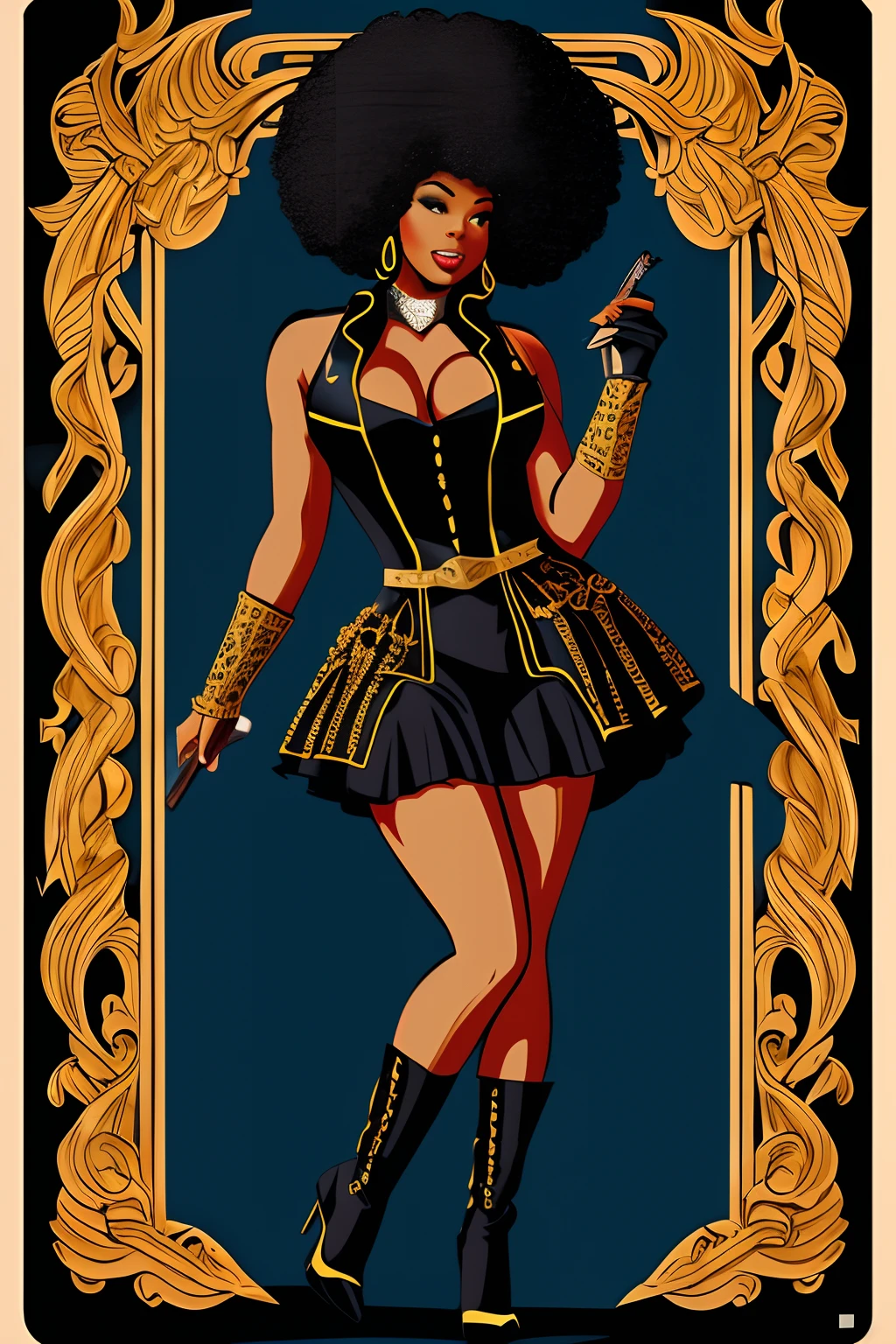 vector illustration. Pin up Poster, Gorgeous ebony woman with Afro as assassin shooting with revolvers, (dark skin), black leather with gold embroil, full body, lace, high heel boots --auto