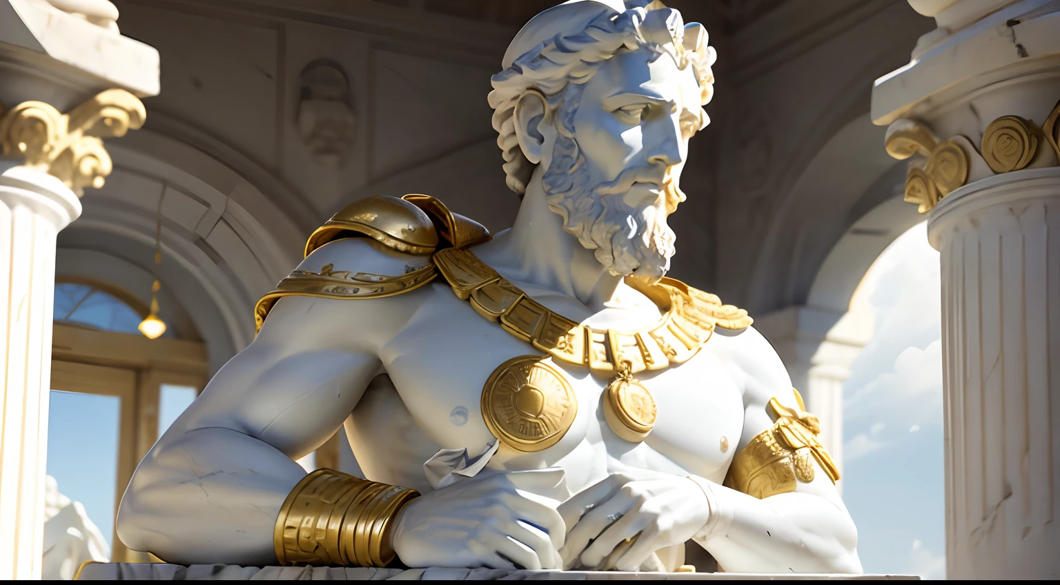 A realistic Greek white marble statue of Marcus Aurelius with gold coins scattered around it.