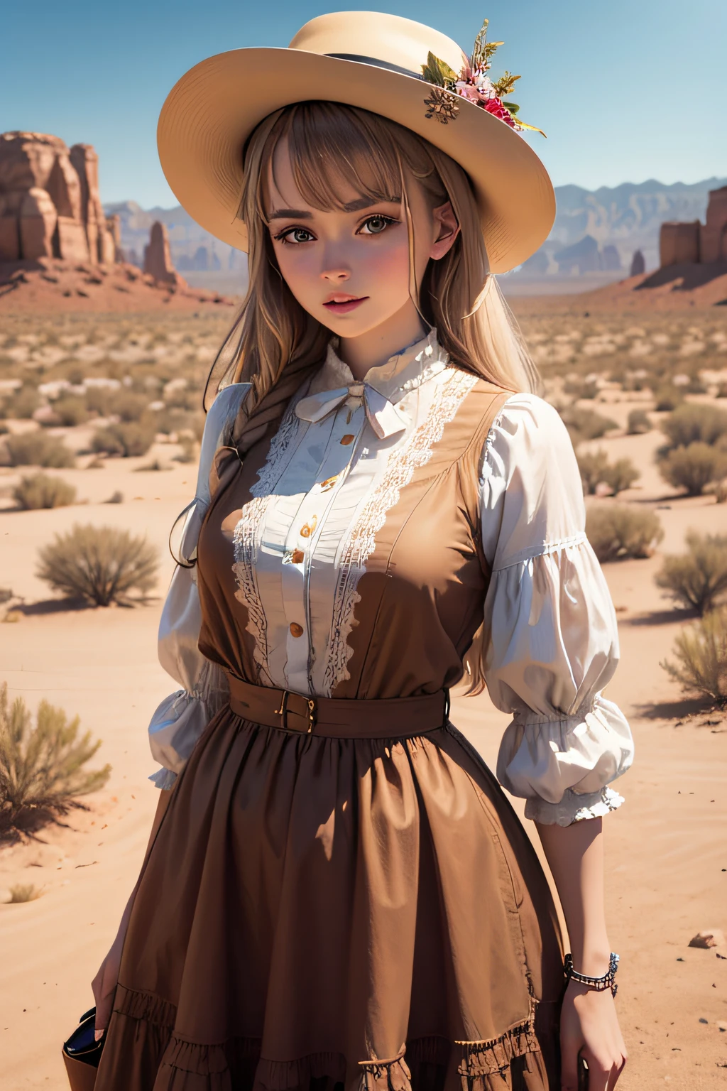 European singing girl dressed in southern clothes is in the desert