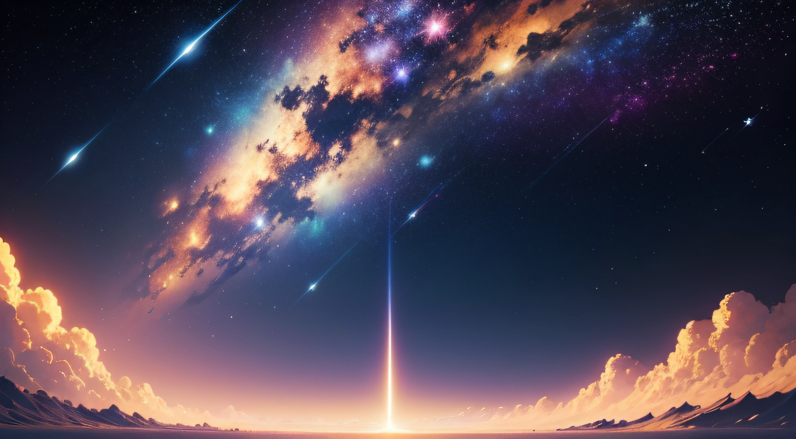 space wallpaper , full of gold shooting stars ,high detailed , ultra quality , anime style ,light gold space , cinematic --auto