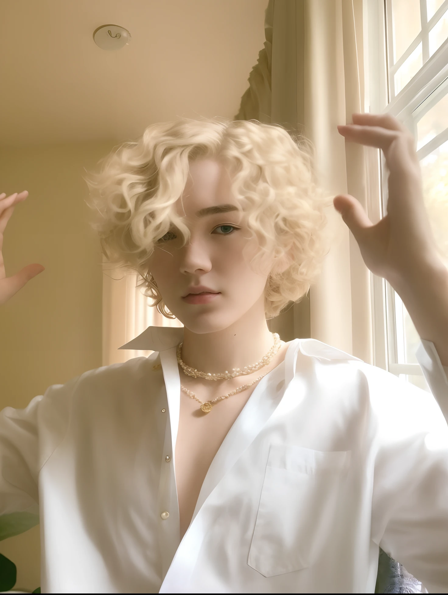 Blonde man with curly hair and pearls posing in front of a window, pale skin curly blond hair, No estilo de Min yoongi do bts, delicate androgynous prince, cabelos brancos cacheados, curly middle part haircut, yoongi, min yoongi, asiatic, coreano