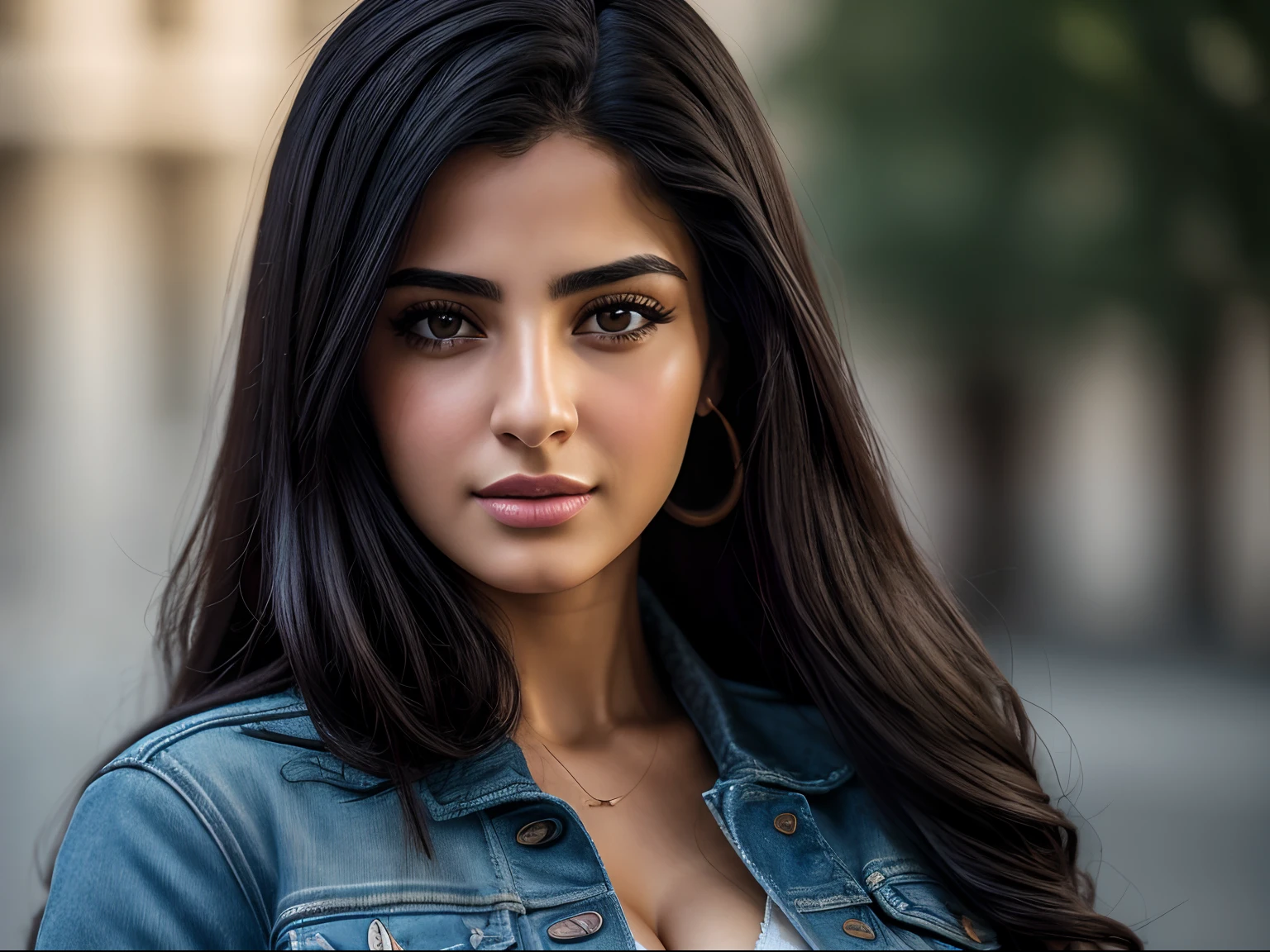 Realistic and detailed portrait of an Iraqi girl, attractive, 18 years with jean jacket cleavage, large breasts, long black hair, holding hair up with hand, (masterpiece), best quality, high resolution, extremely detailed, blurred background, depth of field, cinematic lighting, Full body, (8K), (extremely detail),Highly detailed facial and skin texture