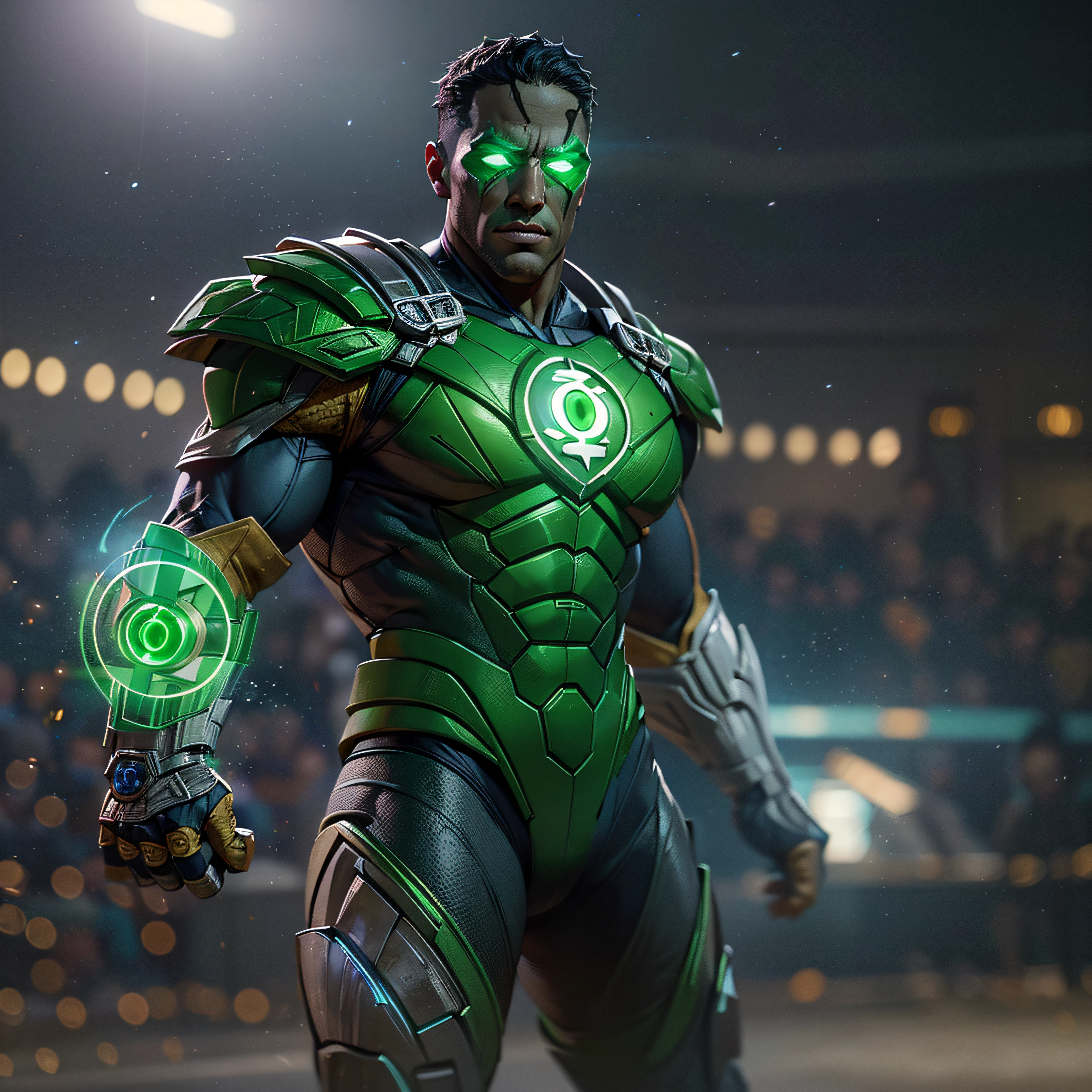 Gladiator fighter Green Lantern John Stewart. with green glowing eyes. intricate, hypermaximalist, elegant, hyper realistic, epic high details,full details,high resolution,dynamic slightblue lighting,rendering,realism,Photo-realistic, ultra realistic, octane render, unreal engine, hyper detailed, volumetric lighting, 8k reality, cinematic