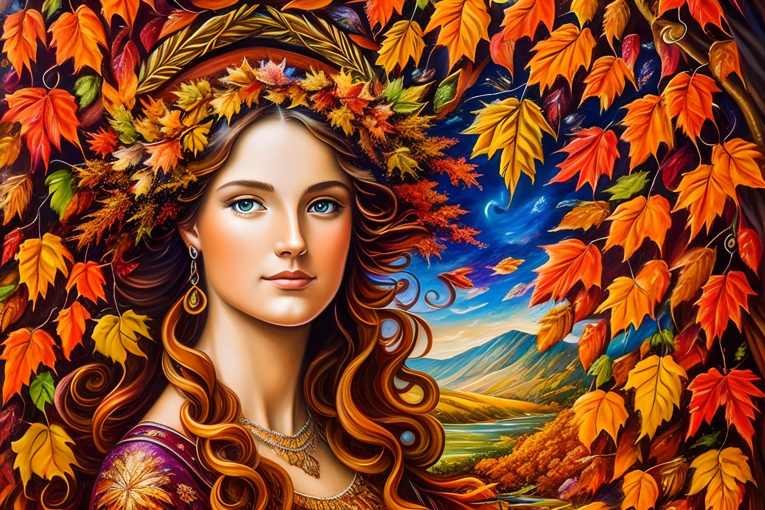 An oil painting of the autumnal equinox,a woman surrounded by autumn leaves, an airbrush painting by Josephine Wall, deviantart, psychedelic art, airbrush art, detailed painting, pre-raphaelite, 3d render, rococo art