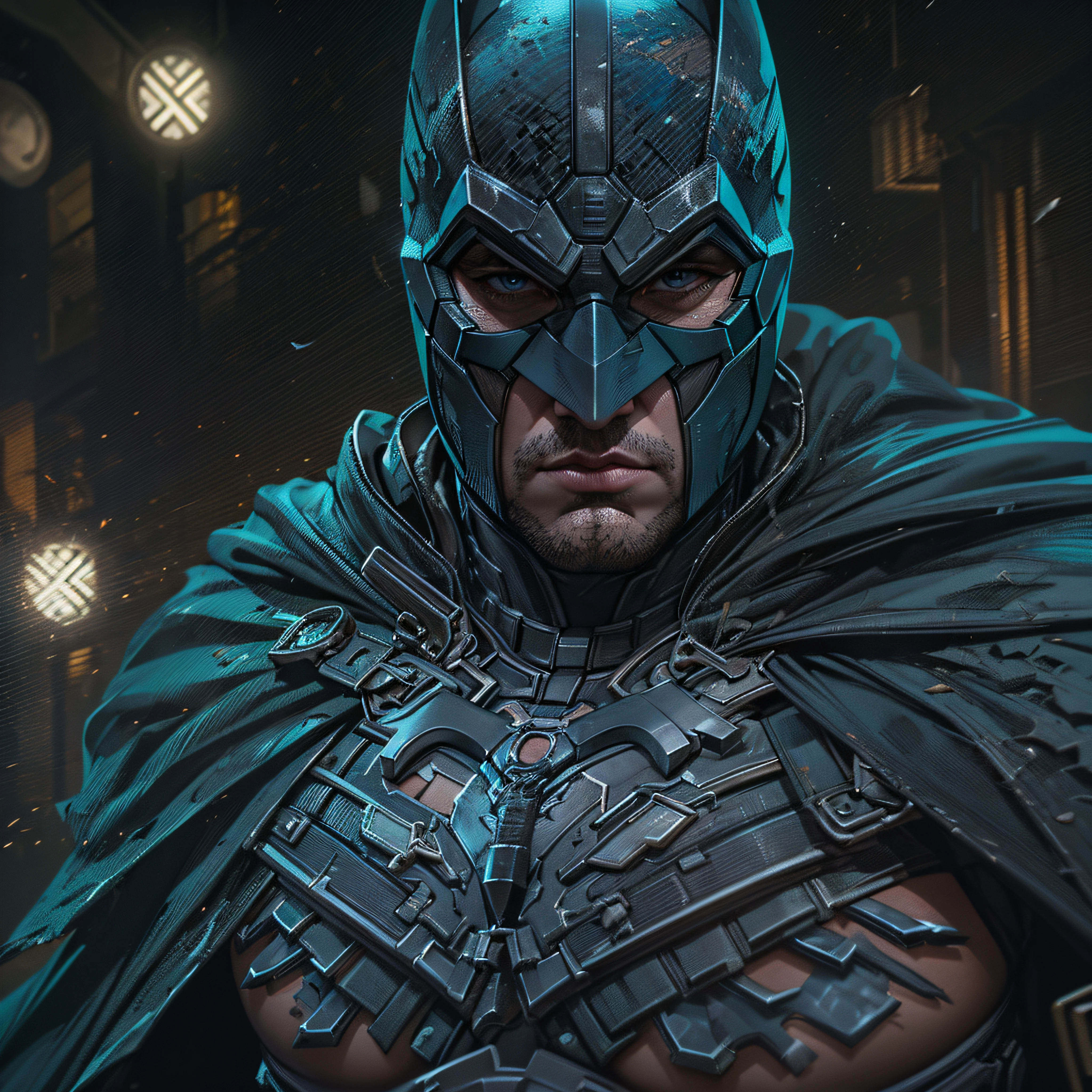 Gladiator fighter Batman. tattered black cape. intricate, hypermaximalist, elegant, hyper realistic, epic high details,full details,high resolution,dynamic slightblue lighting,rendering,realism,Photo-realistic, ultra realistic, octane render, unreal engine, hyper detailed, volumetric lighting, 8k reality, cinematic