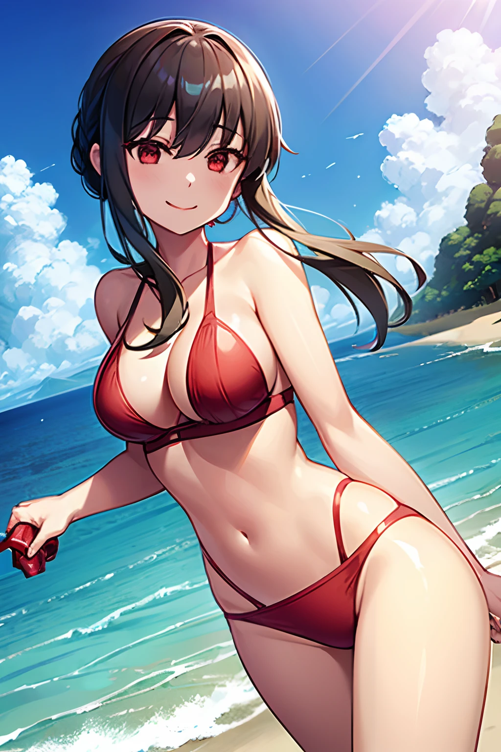 1girl, on the beach, in a red bikini, looking at viewer, warm smile