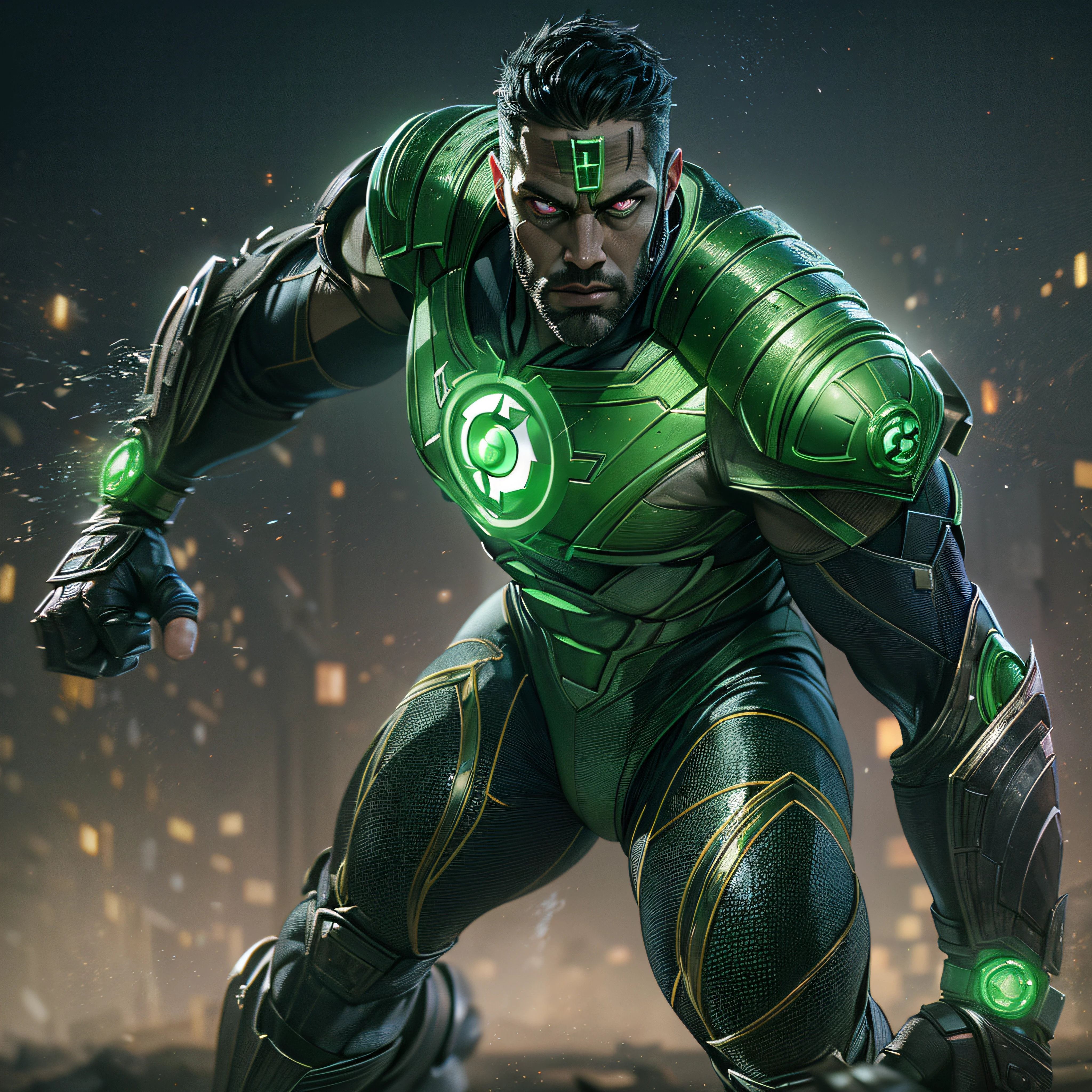 Gladiator fighter Green Lantern John Stewart. with green glowing eyes. intricate, hypermaximalist, elegant, hyper realistic, epic high details,full details,high resolution,dynamic slightblue lighting,rendering,realism,Photo-realistic, ultra realistic, octane render, unreal engine, hyper detailed, volumetric lighting, 8k reality, cinematic