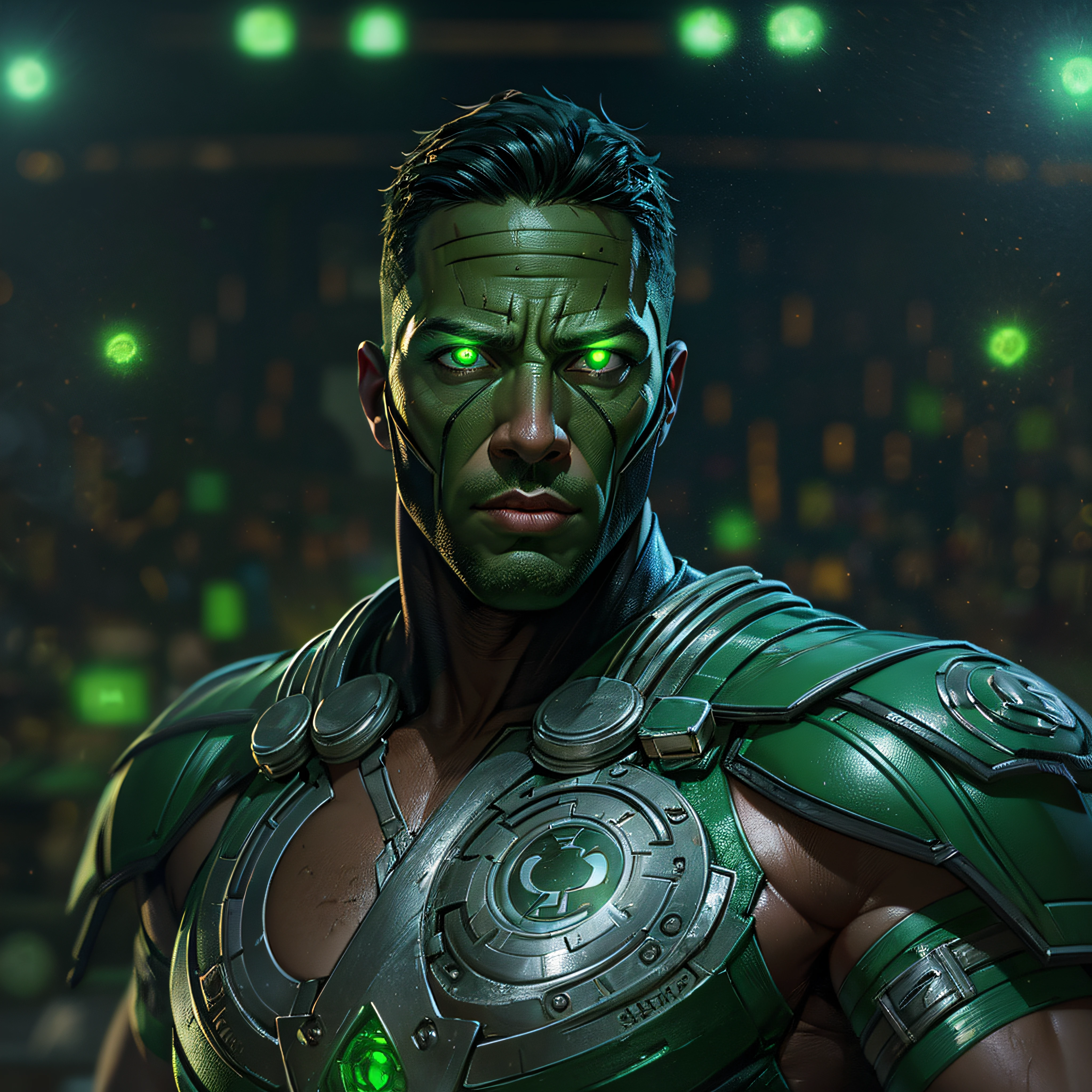 Gladiator fighter Green Lantern John Stewart. with green glowing eyes. intricate, hypermaximalist, elegant, hyper realistic, epic high details,full details,high resolution,dynamic slightblue lighting,rendering,realism,Photo-realistic, ultra realistic, octane render, unreal engine, hyper detailed, volumetric lighting, 8k reality, cinematic