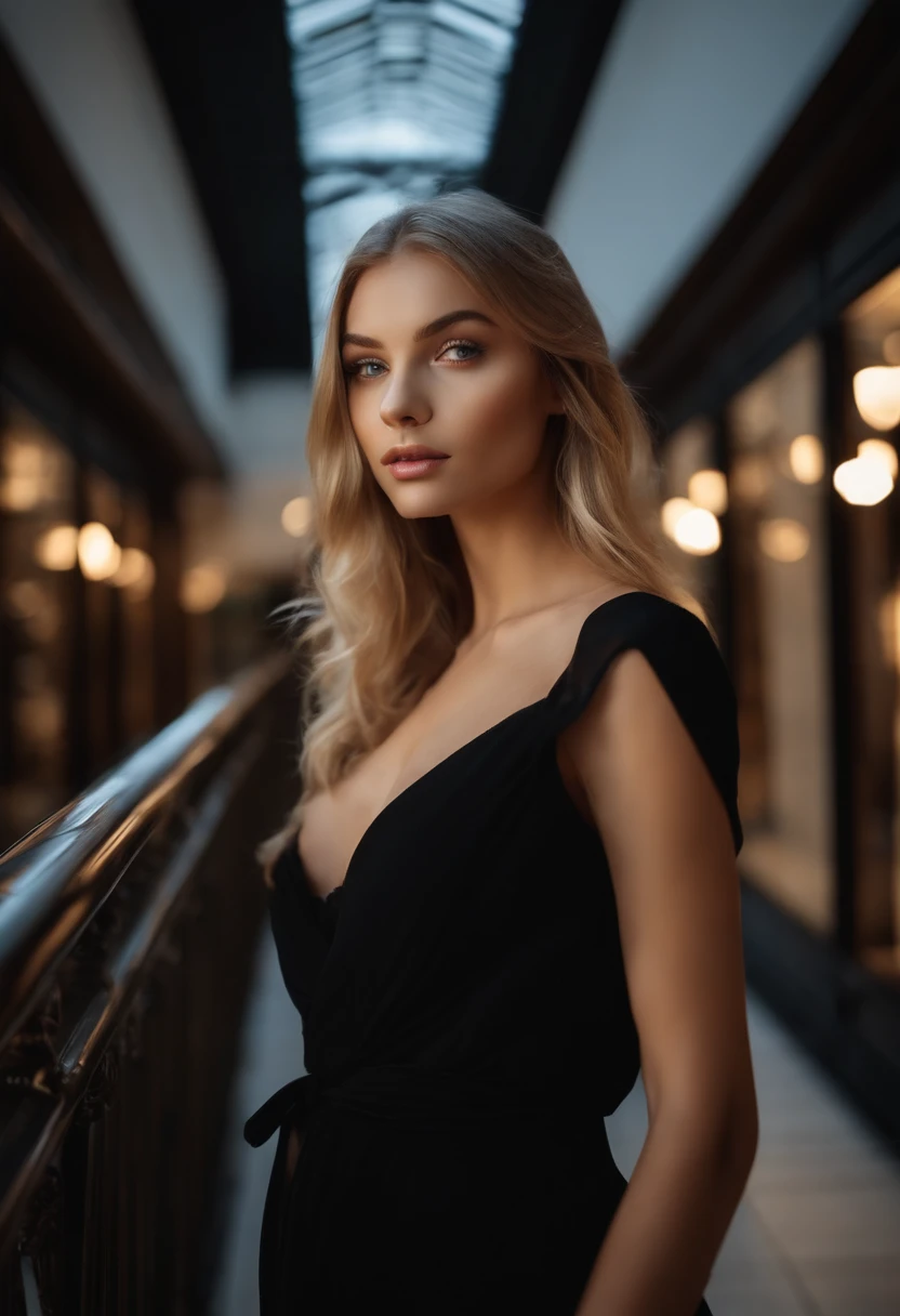 woman in black dress, fille sexy aux yeux bleus, Portrait Sophie Mudd, Portrait de Corinna Kopf, cheveux blonds et grands yeux, selfie of a young woman, ohne Maquillage, maquillage naturel, Look directly into the camera, Visage avec Artgram, dezentes Maquillage, gros seins, Blonde, in shopping mall, woman posing to photo