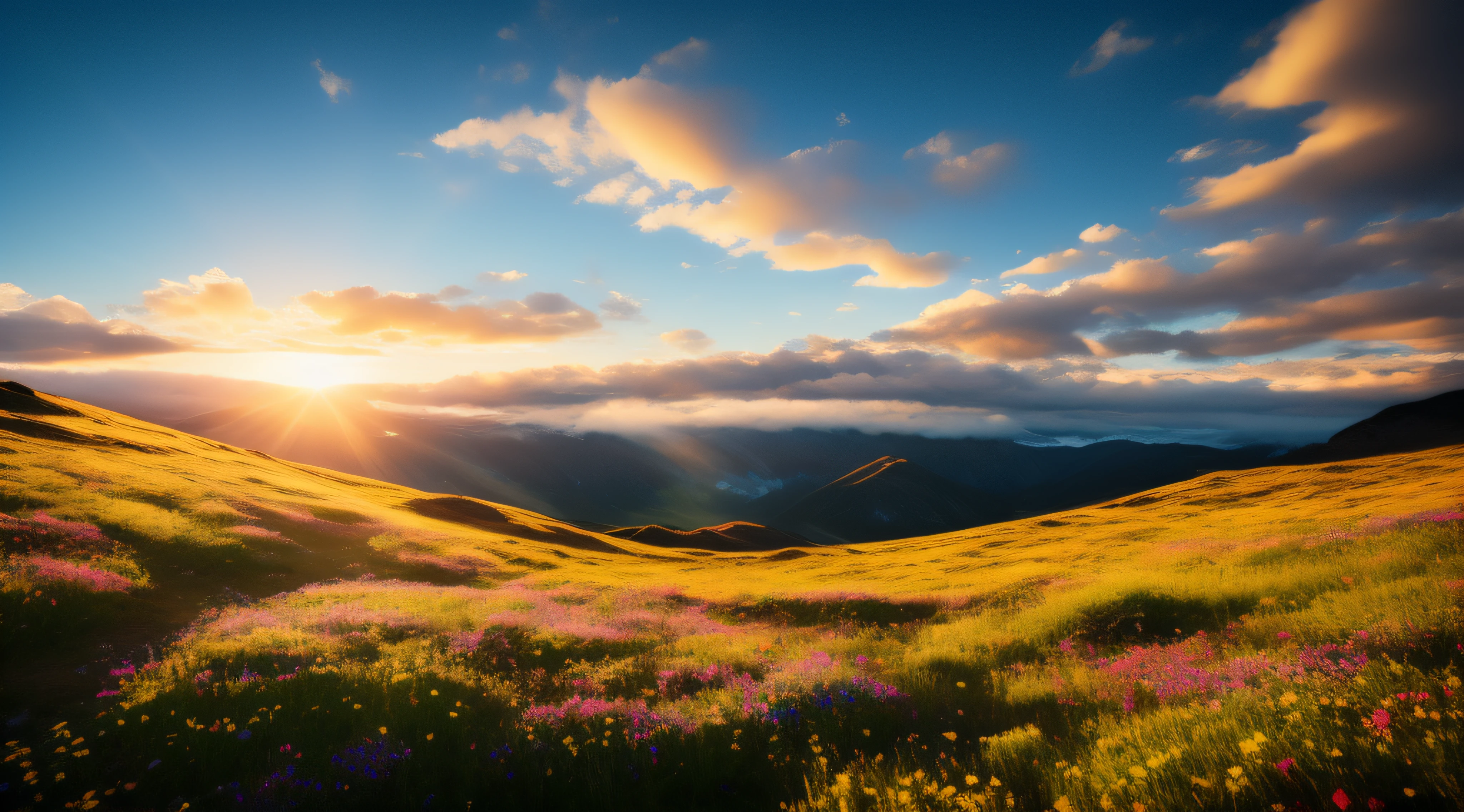 mountain landscape with a meadow, wildflowers, desert, distant snow-capped mountains, sea of clouds, sky, large spreading clouds, sunset, light penetrating the clouds to the ground, wide-angle lens shot