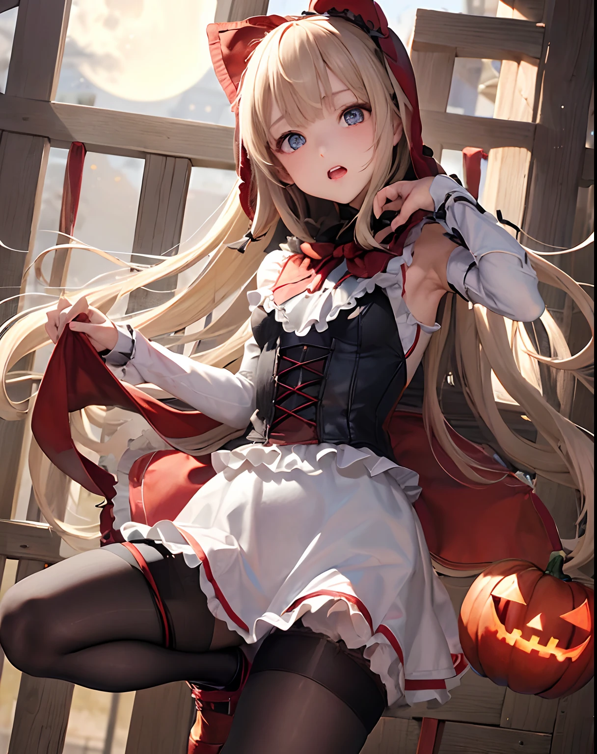 masterpiece、hiquality、1girl in、独奏、Marie Rose、cowboy shot、embarassed expression、(((Little Red Riding Hood's clothes)))、((White blouses))、((pantyhose))、(long boots)、natta、Pumpkin Lantern、((a miniskirt))、fullmoon、((corsets))、((Black panties))、Sit up、opening legs