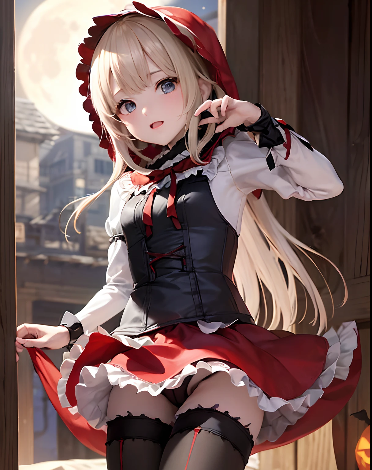 masterpiece、hiquality、1girl in、独奏、Marie Rose、cowboy shot、embarassed expression、(((Little Red Riding Hood's clothes)))、((White blouses))、((pantyhose))、(long boots)、natta、Pumpkin Lantern、((a miniskirt))、fullmoon、((corsets))、((Black panties))、Sit up、Opening legs