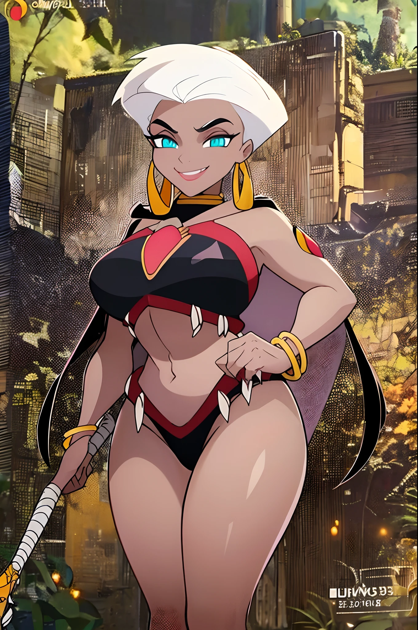 ((masterpiece,best quality)), absurdres, Queen_La_Tarzan, cape, dark skin, long white hair, black crop top, smug, smiling, solo, smiling, looking at viewer, cowboy shot, jungle in background, cinematic composition, dynamic pose,standing, full body, feet,big breast, curvy,(best quality,4k,8k,highres,masterpiece:1.2),ultra-detailed,(,1.37),portraits,vivid colors,warm tones,soft lighting, staff holding, full body, flipflops